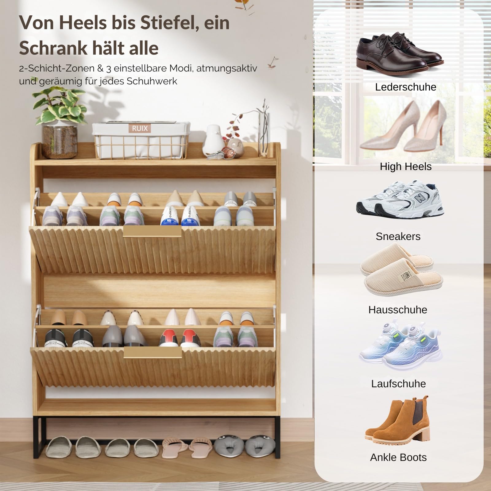 LEADZM Schuhschrank schmal,Schuhkipper mit 2 Flip-Schubladen Schuhregal mit Metallfüßen Trennwand verstellbar für den Eingang, Flur, Wohnzimmer 80x24x101cm(Eiche)
