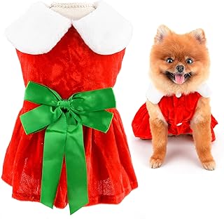 SMALLLEE_LUCKY_STORE Christmas Dog Dress for Small Dog Girls, Velvet Xmas Pet Skirt with Bow, Soft Puppy Outfit with Fuzzy Collar Winter Fall Chihuahua Yorkie Cat Costume, Green(Bow), M