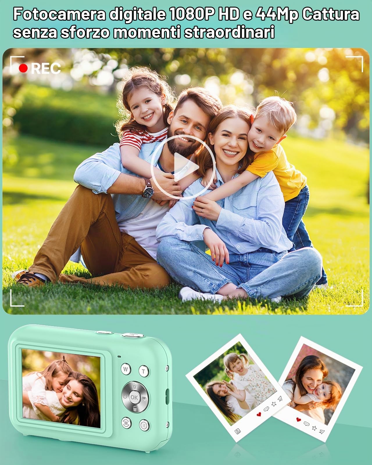 Macchina Fotografica Digitale con scheda da 32GB, 1080P 44MP Fotocamera Digitale Compatta con Zoom Digitale 16X Flash e Batterie, Ricaricabile Fotocamera per Bambini, Adulti, Principianti (Verde)