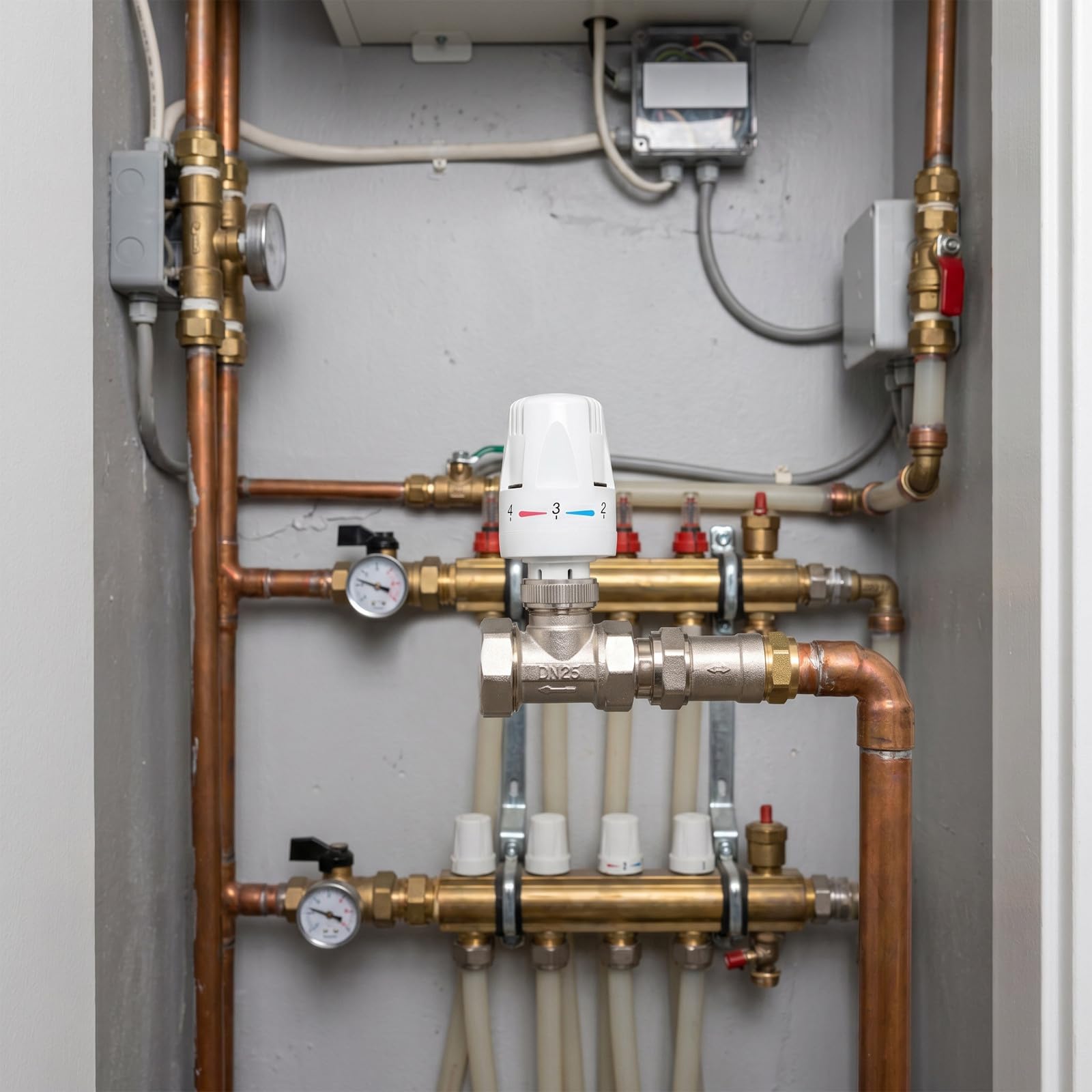 Válvula termostática para radiador, accesorio de calibración de calor para circuito de agua caliente sanitaria, herraje de equilibrado de tuberías DN25 para instalación de calefacción.