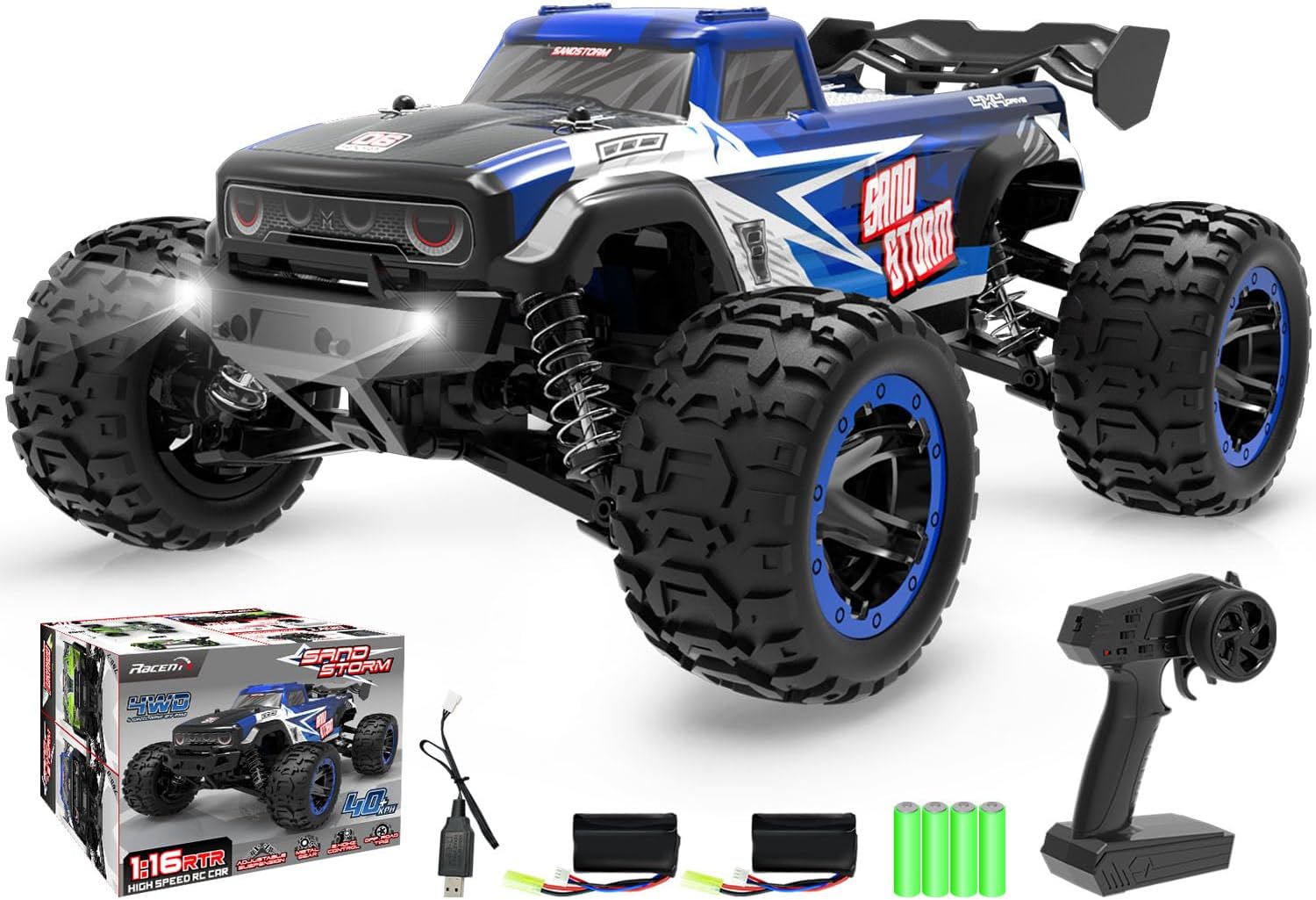 RACENT RC Truck 1:16 4x4 All Terrain RC Car 40KPH High Speed Remote Control Cars for Boys, Off-Road Monster Truck with 2.4Ghz Radio Control, 2 Batteries, Gifts for Kids Adults