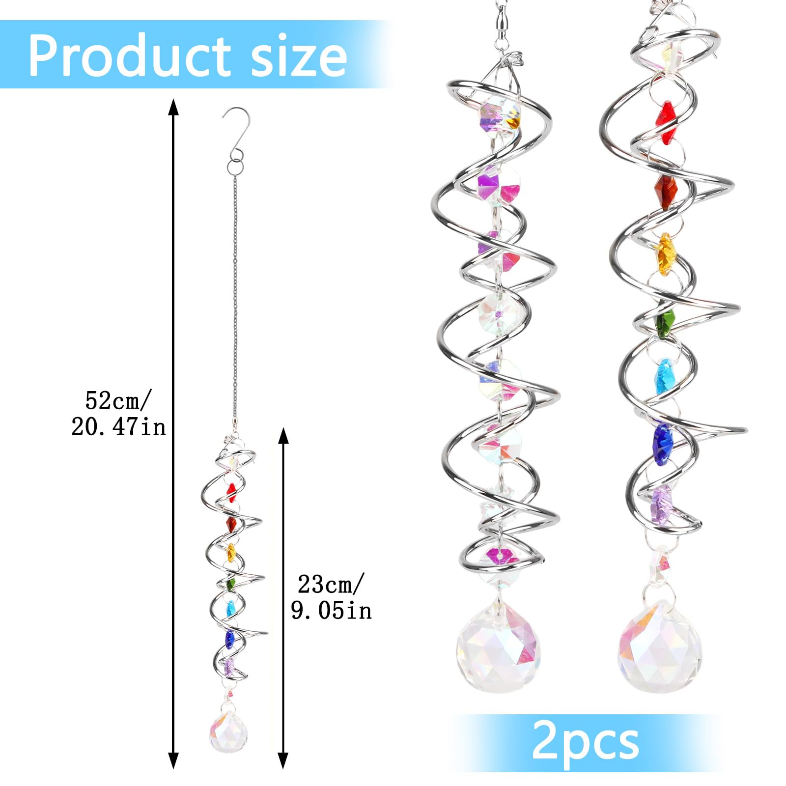 2 Stück Kristall Sonnenfänger Fensterdeko, 45 cm Hängedeko mit Glaskugel, Spiralanhänger & 7 Chakra-Kristallen, Regenbogen Lichtfänger für Fenster, Balkon, Garten, Terrasse, Zuhause (2pcs) - 2