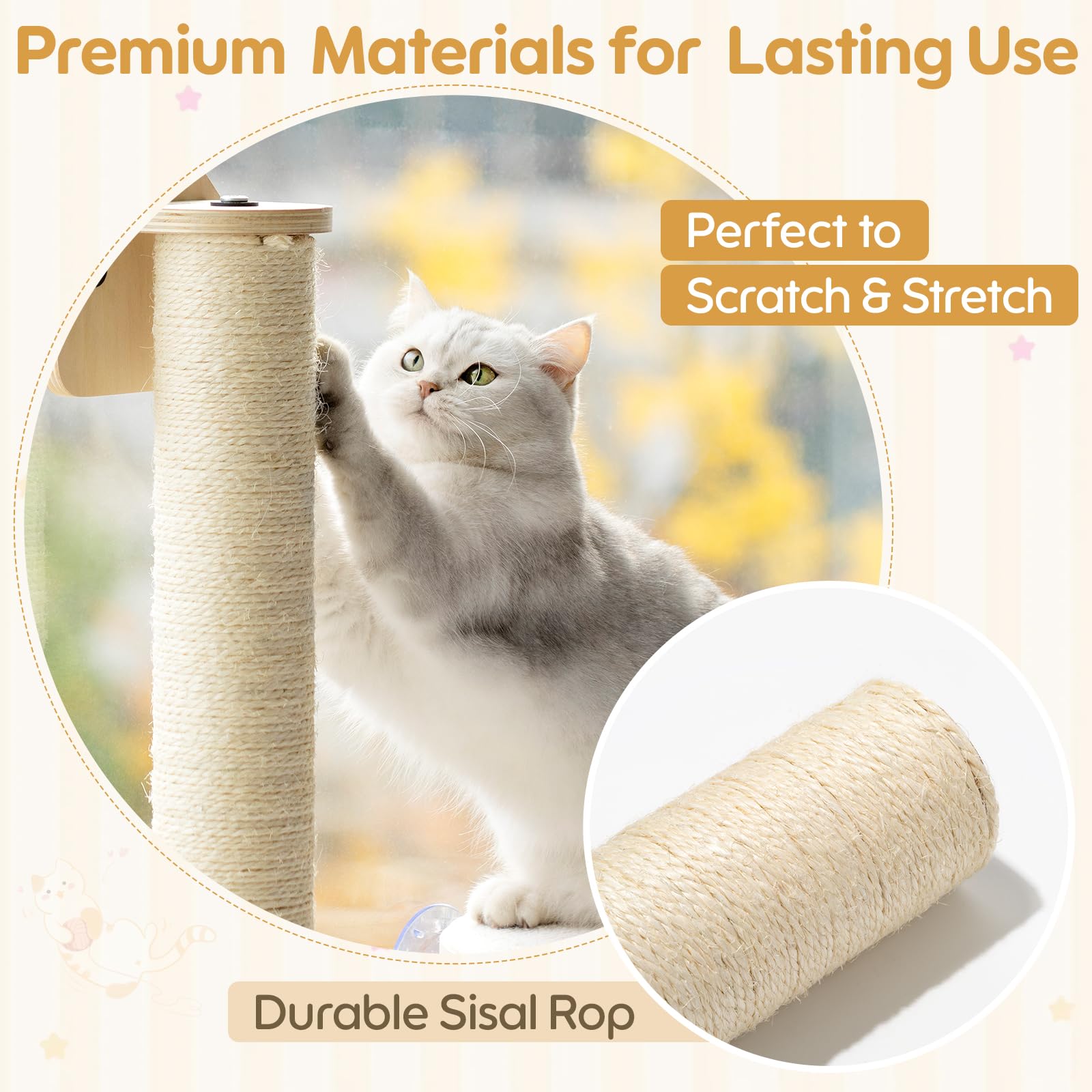 EDAGNY Katzenfenstersitzstange, Katzenkratzbaum und Katzenplattform mit starken Saugnäpfen für Hauskatzen (Grundfarbe, 3 PCS Set)