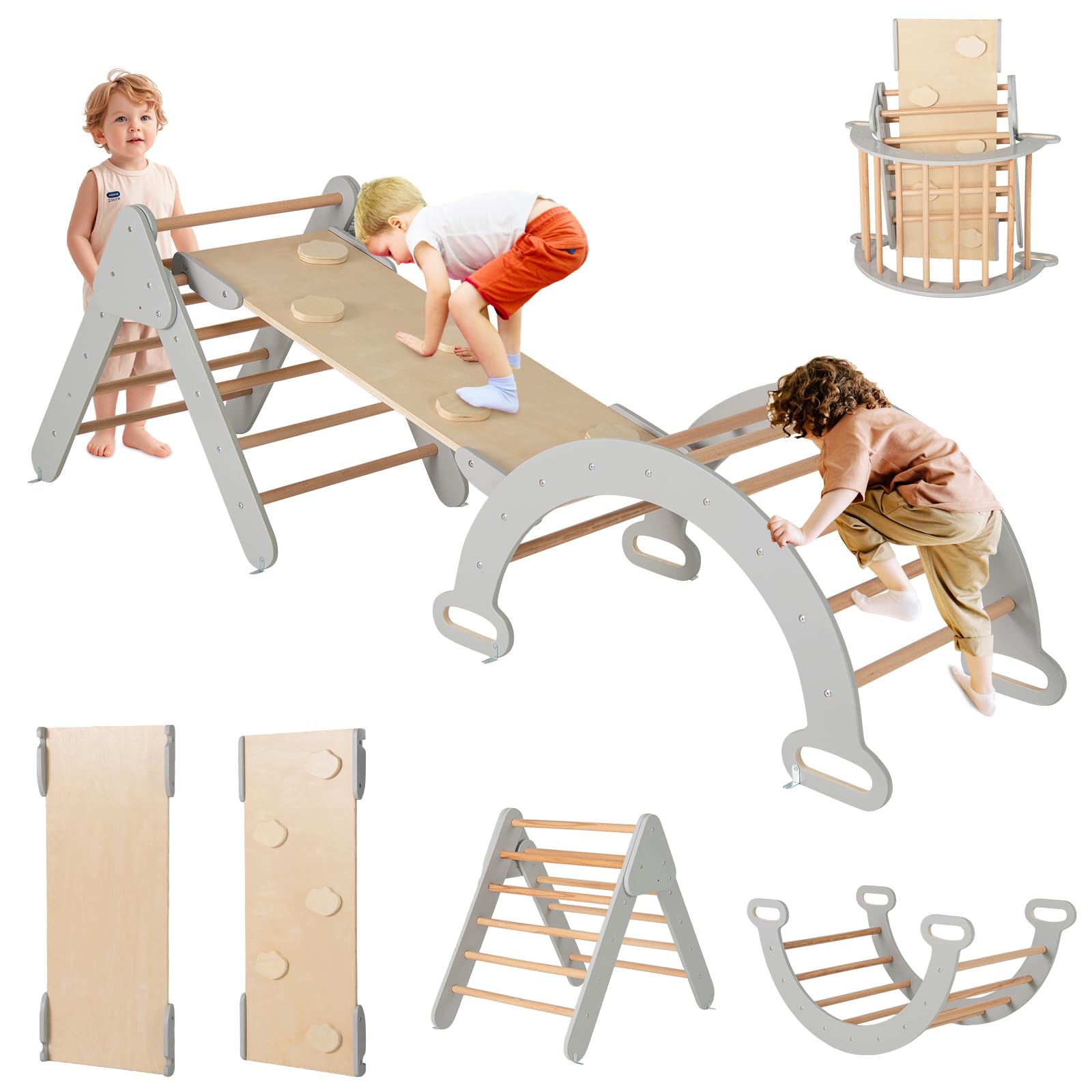 RELAX4LIFE 5 en 1 Triángulo de Escalada para Niños con Tobogán, Arco de Escalada, Escalera, Rampa Reversible, Juguetes Montessori de Madera de Haya para Niños de 1+ Años (Gris)