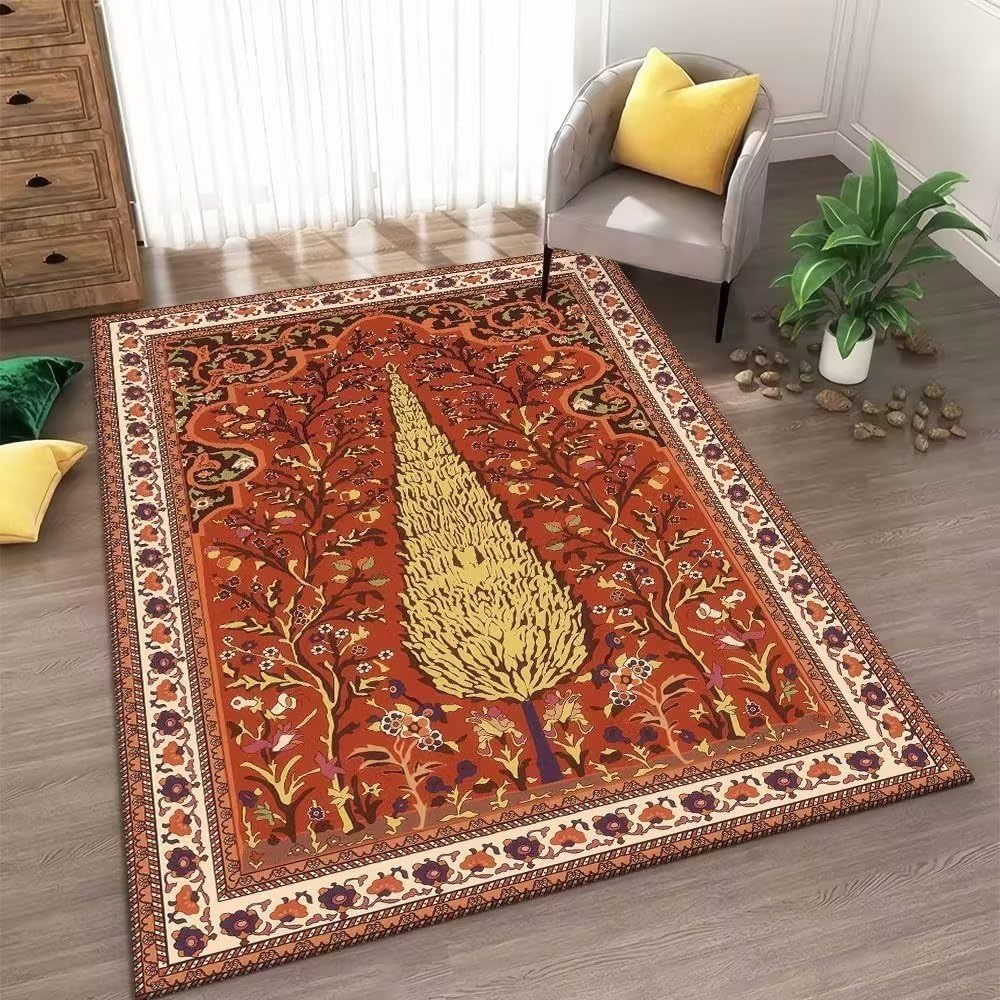 Tapis antidérapant rouge motif floral doux pour grand salon