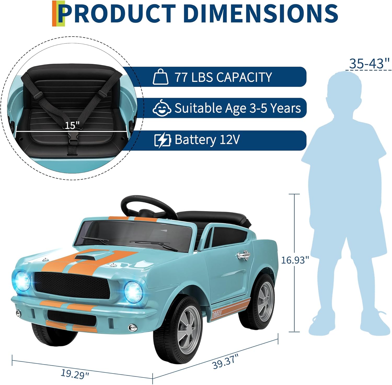 12V Kids Ride On Car, Light Blue Electric Toy Car with Remote Control, 2 Speeds, 25W Dual Motors, 4.5AH Battery, for Ages 3-8, Outdoor Ride-On Toy