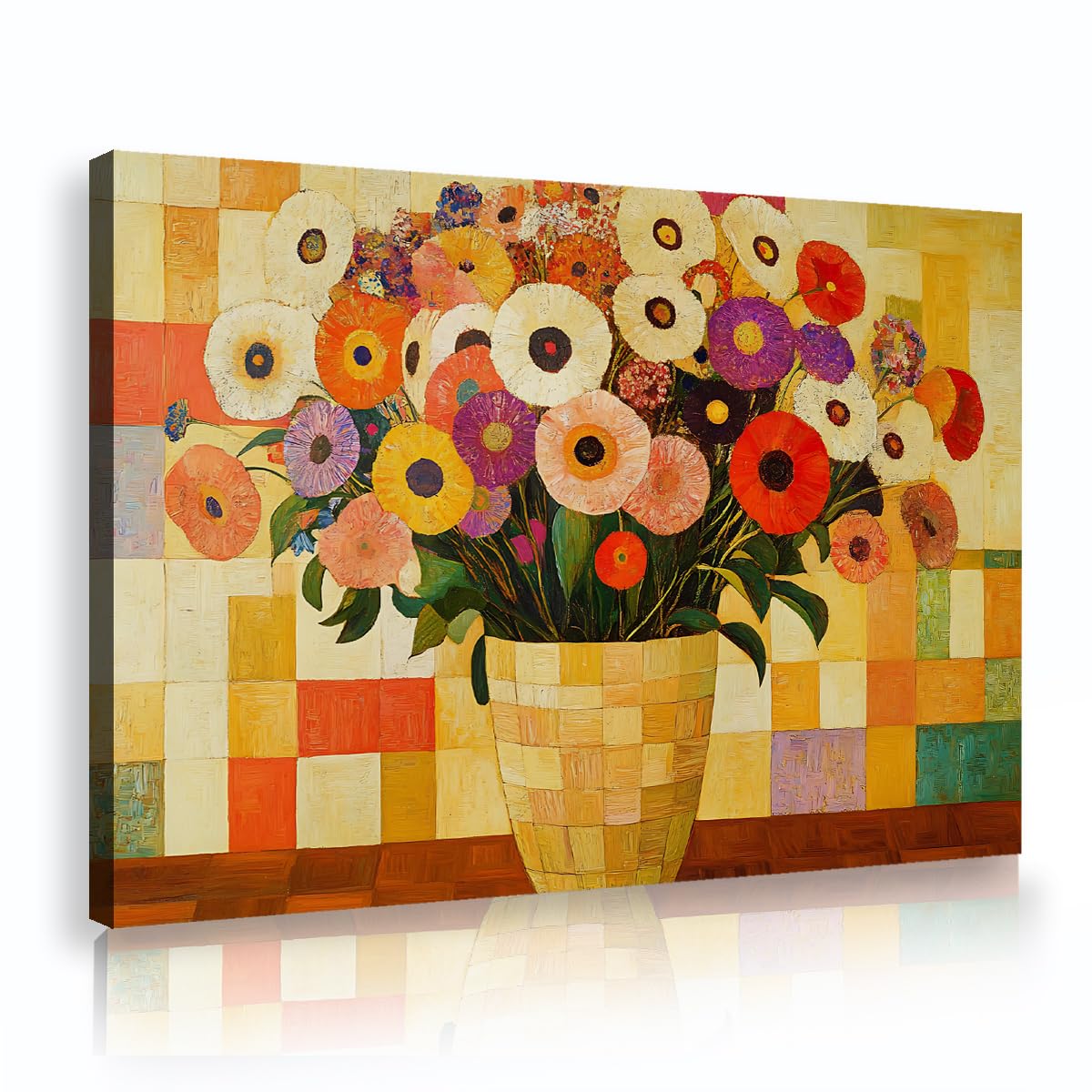 Via Vela Vibrant Flower Vase Framed Canvas Pictures Kitchen Vintage Mosaic Floral Painting Colorful Posters Stretched Artwork for Dining Room Decor 60x90cm