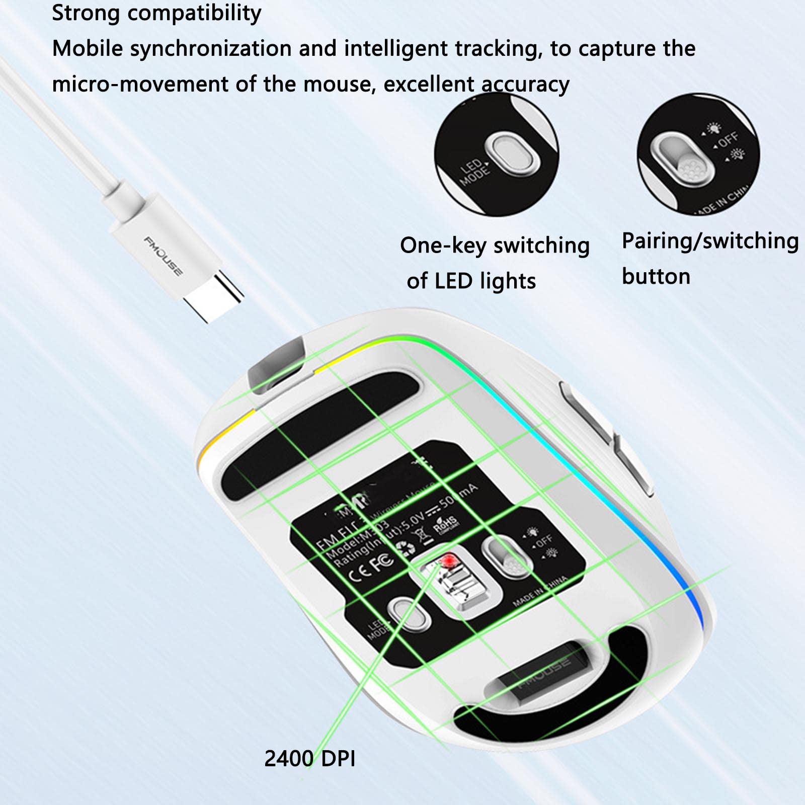 JUSHZ Souris sans Fil Ergonomique Gamer Bluetooth Gaming Rechargeable Lumière RVB 2,4 GHz USB PPP Réglable (100x65x34mm,White)