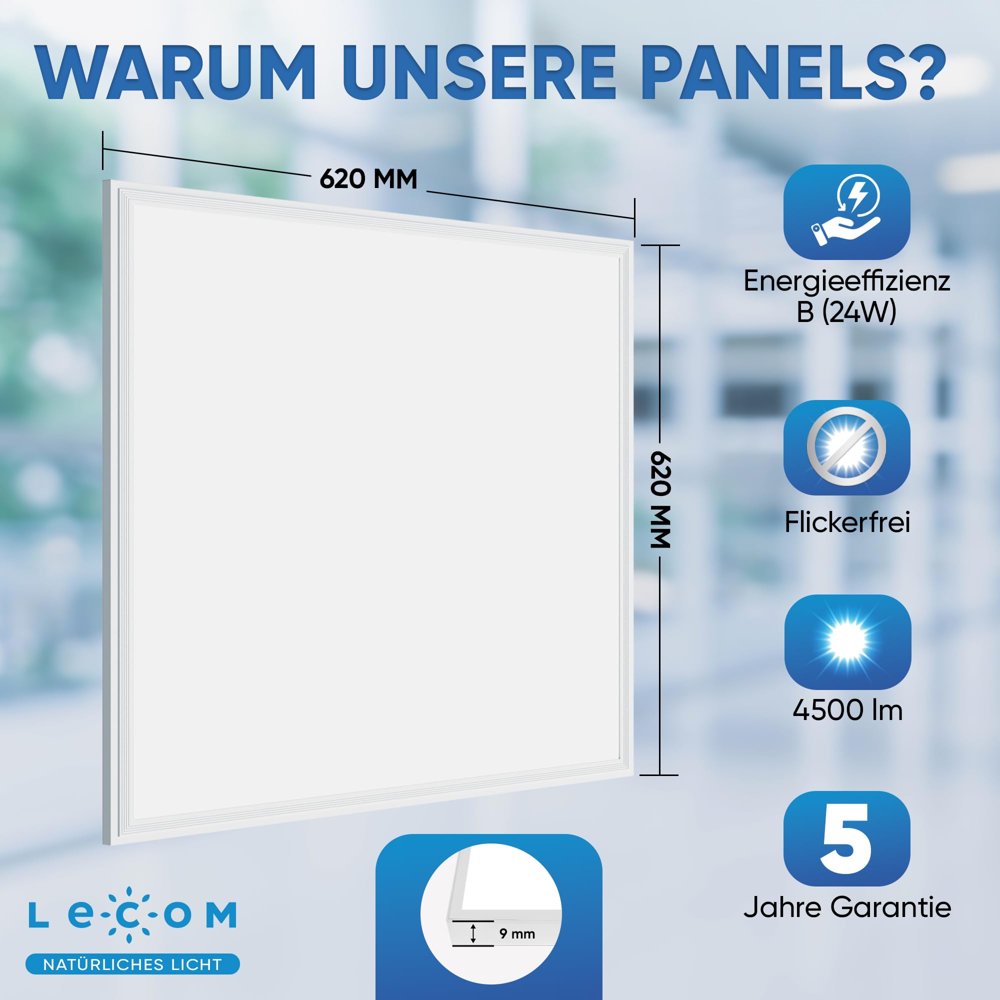 LECOM LED Panel 62x62 Neutralweiß 24W 4500lm Rasterdecke Büroleuchte Flach | Für professionelle Arbeitsbereiche. Energieeffiziente Alternative zu klassischen Rasterleuchten in Büro, Klassenraum, Praxis.