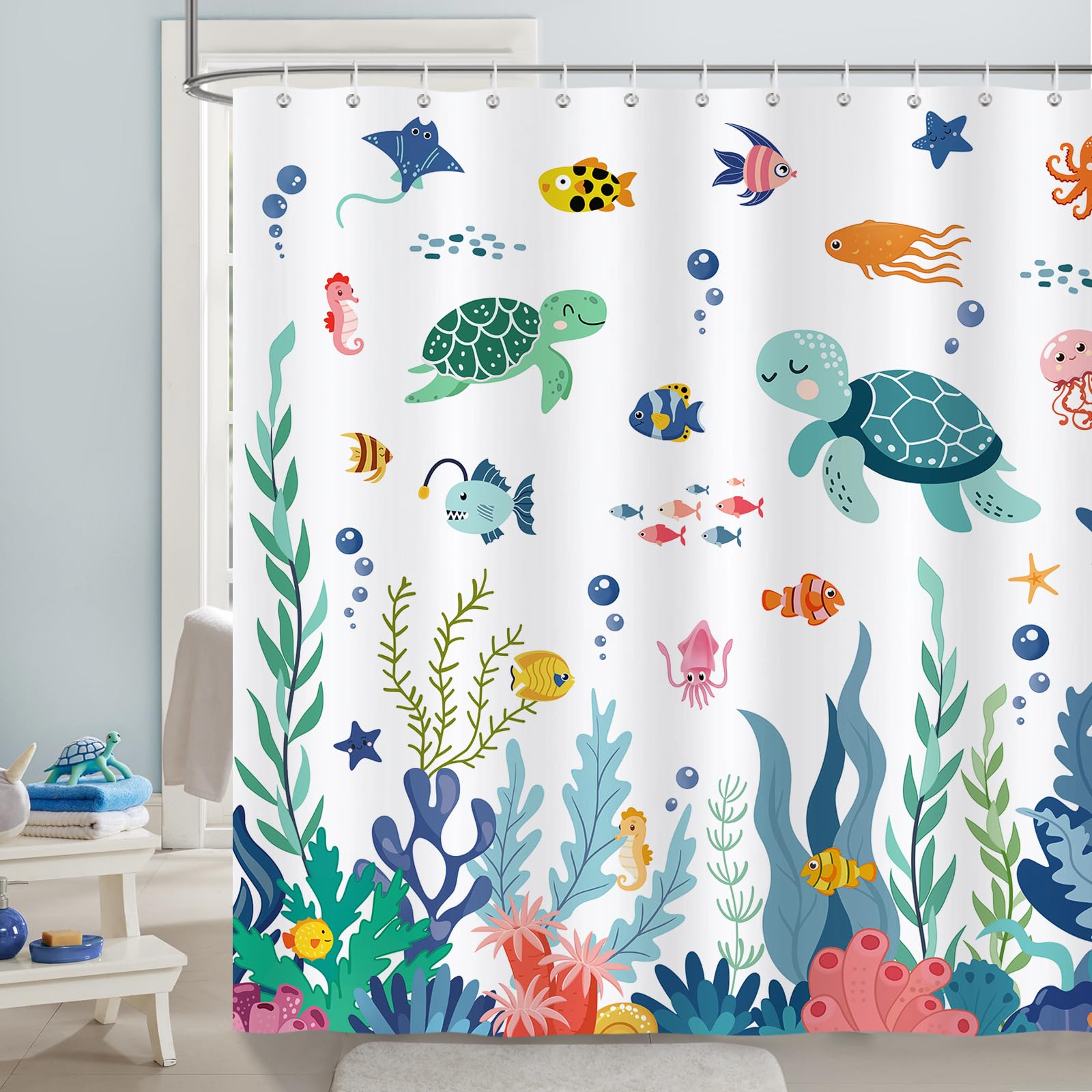 Bonhause Cartoon Sealife Shower Curtain, Kids Ocean Animal Turtle Fish Coral Bathroom Curtain 180 x 180 cm Waterproof Mildew and Mould Resistant Polyester Fabric Bath Curtain with 12 Hooks