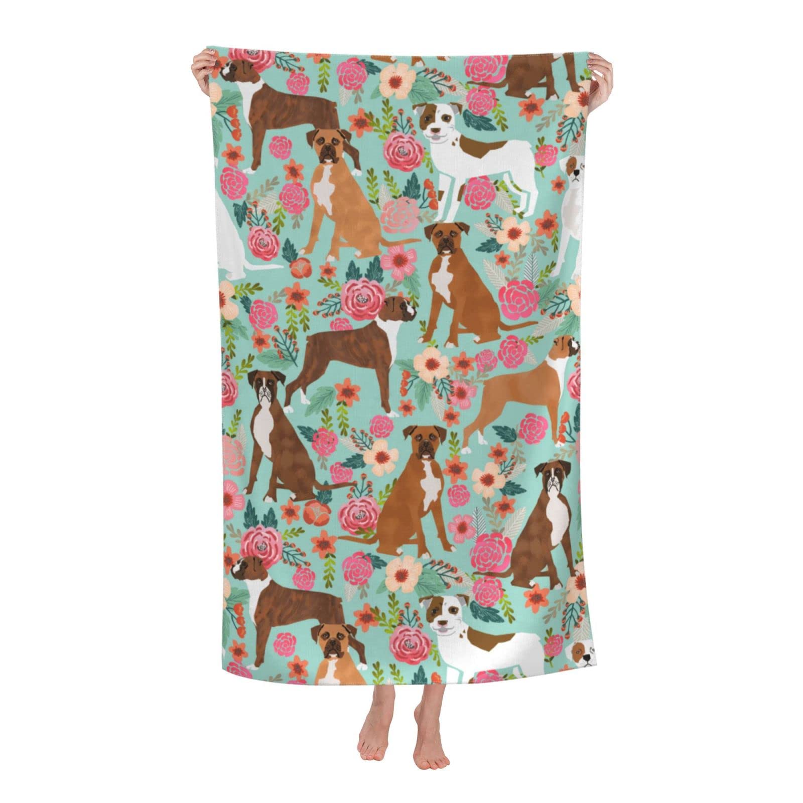wzialfpo Boxer Dog Flowers Florals Beach Towels Quick Dry Microfiber Soft and Absorbent Bath Towel Outdoor Travel Oversized Beach Towel for Adults Boys Girls