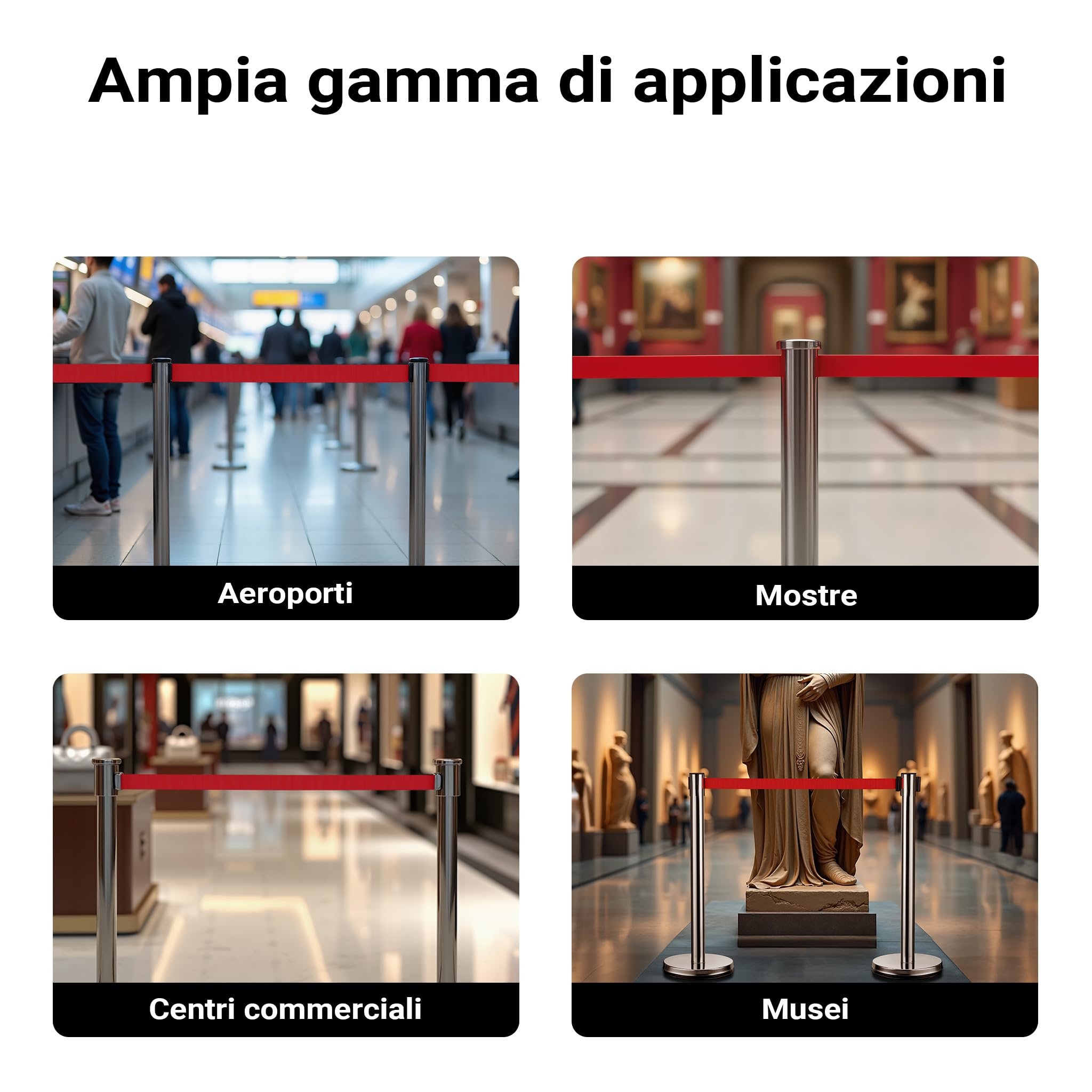 Wiltec Colonnine tendinastro 320 x 70 x 900 mm, Set 2 paletti delimitatori in acciaio inox con nastro rosso