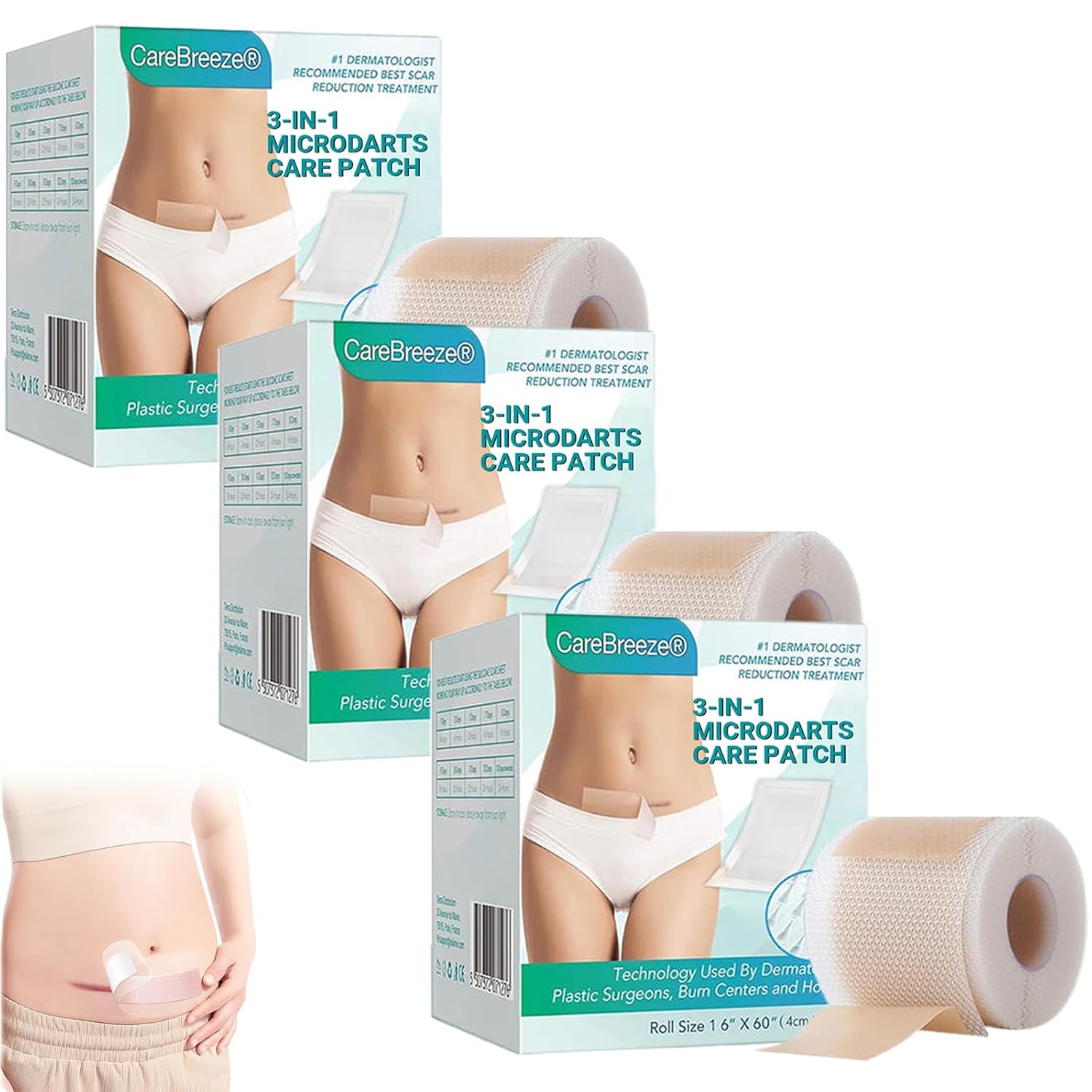 Lonqi Care Breeze 3 In 1 Microdarts Care Patch, Carebreeze Microdarts Patch, Silicone Scar Tape for All Skin Types (3 Box)