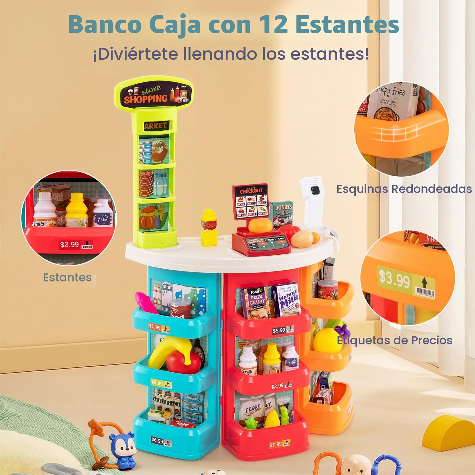 RELAX4LIFE Supermercado Juguete Infantil con Luz, Sonido, Carrito Compra, Cesta y 29 Accesorios, Caja Registradora Juguetes con Escáner, Supermercado de Madera para Niños de 3+ Años (Multicolor)