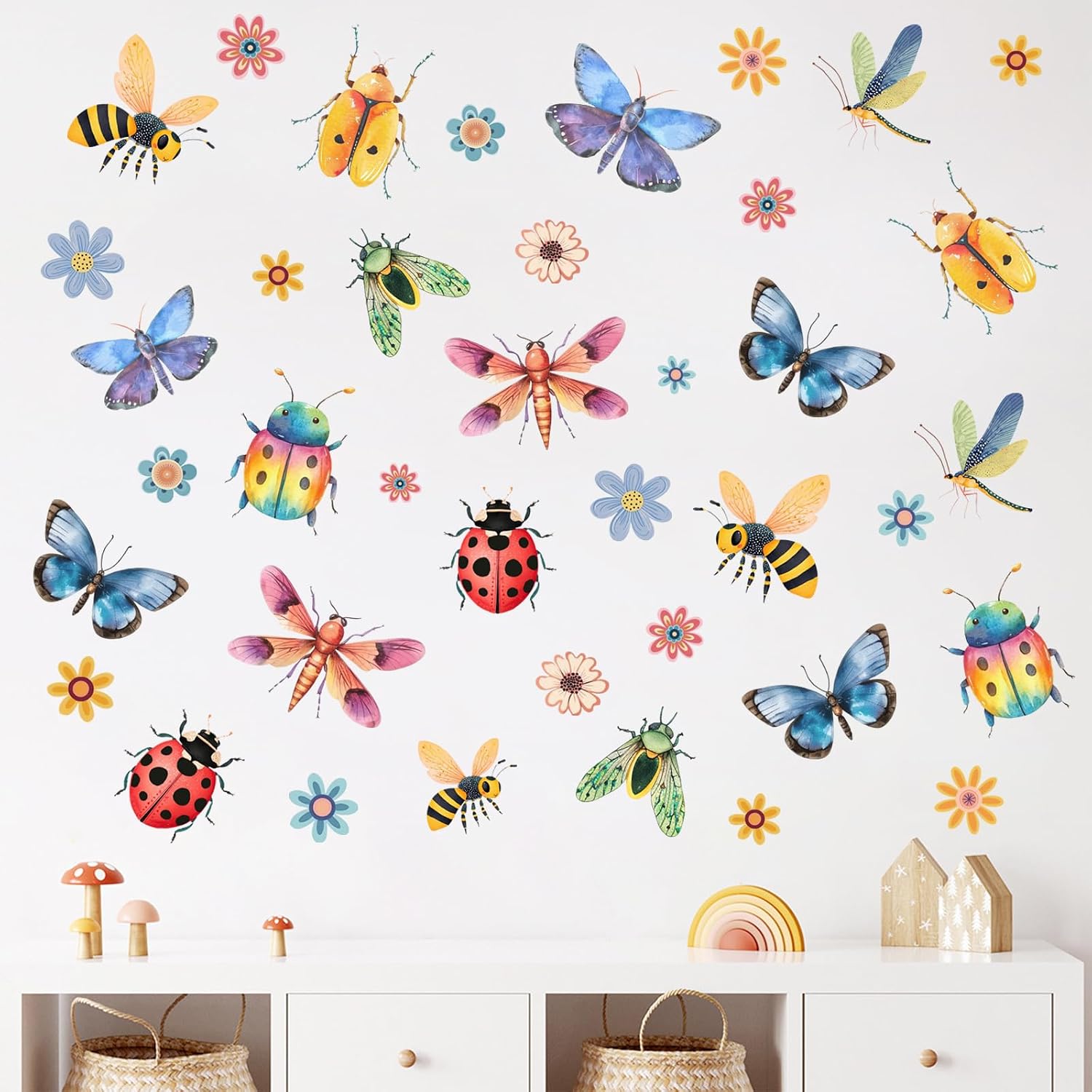 Mfault Watercolor Butterfly Bee Flower Wall Decals Stickers, Dragonfly Ladybug Floral Wildflower Decorations Bedroom Art, Spring Summer Home Living Room Kitchen Decor