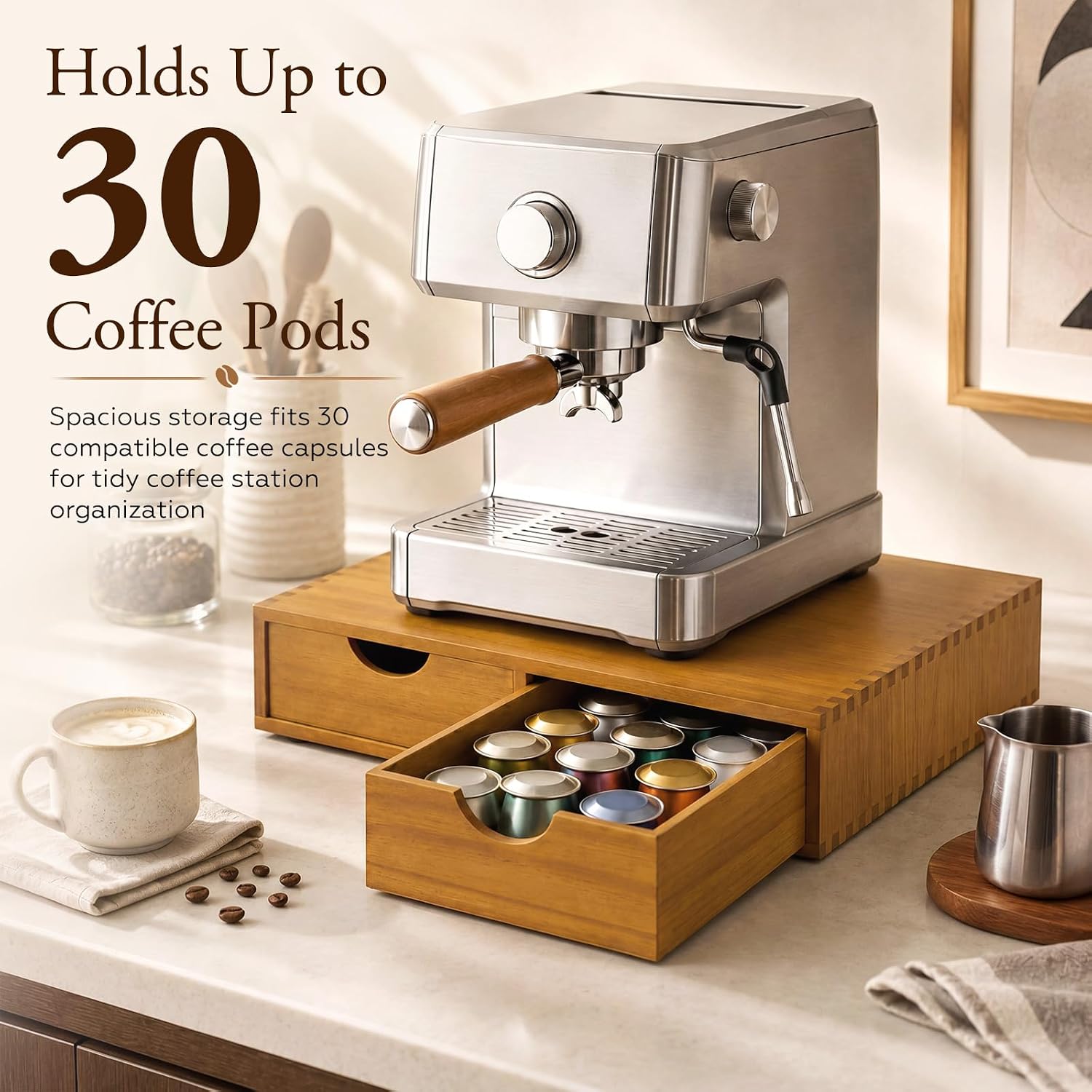 Novabright Sliding Tray Coffee Maker Wood Coffee Pod Holder Drawer, 30 Pods