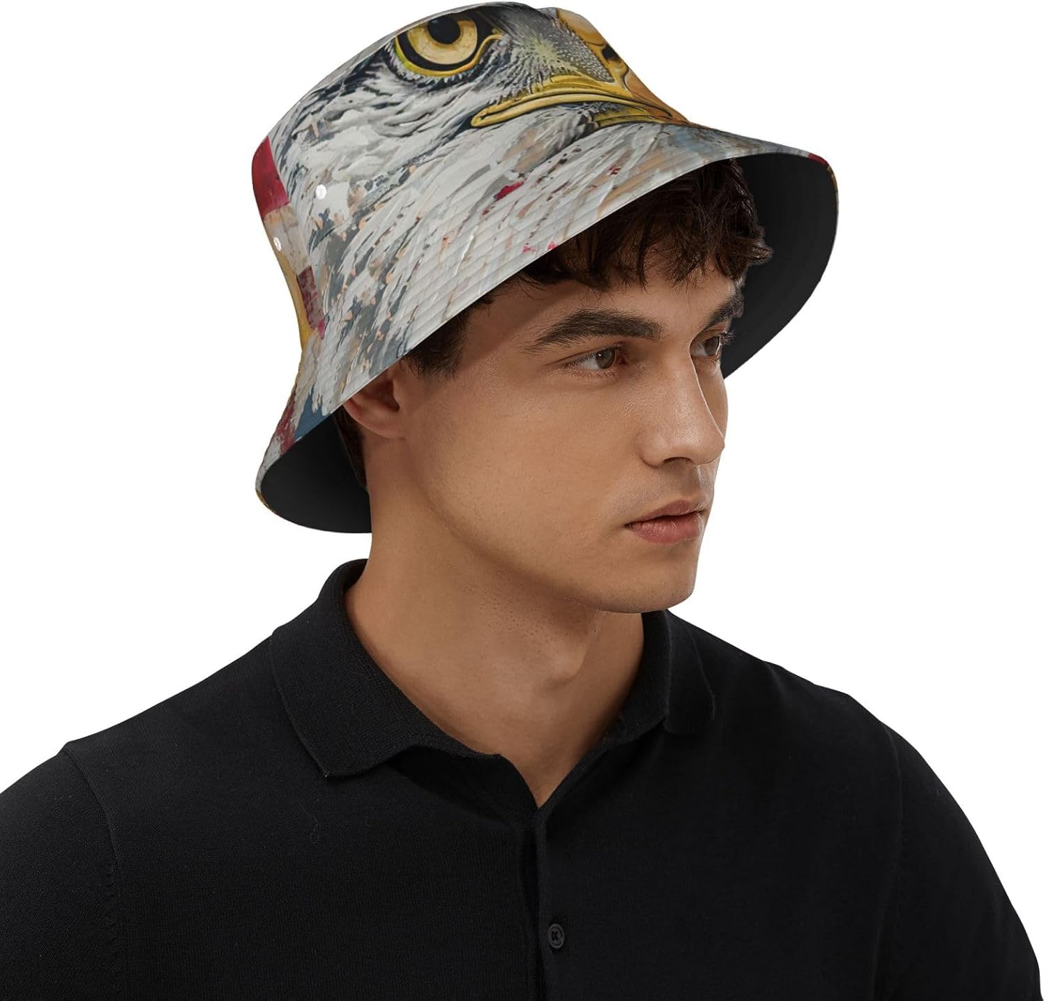 Patriotic Eagle Print Sun Hat Outdoor Fisherman Cap Summer Bucket Hat Beach for Men Women Black