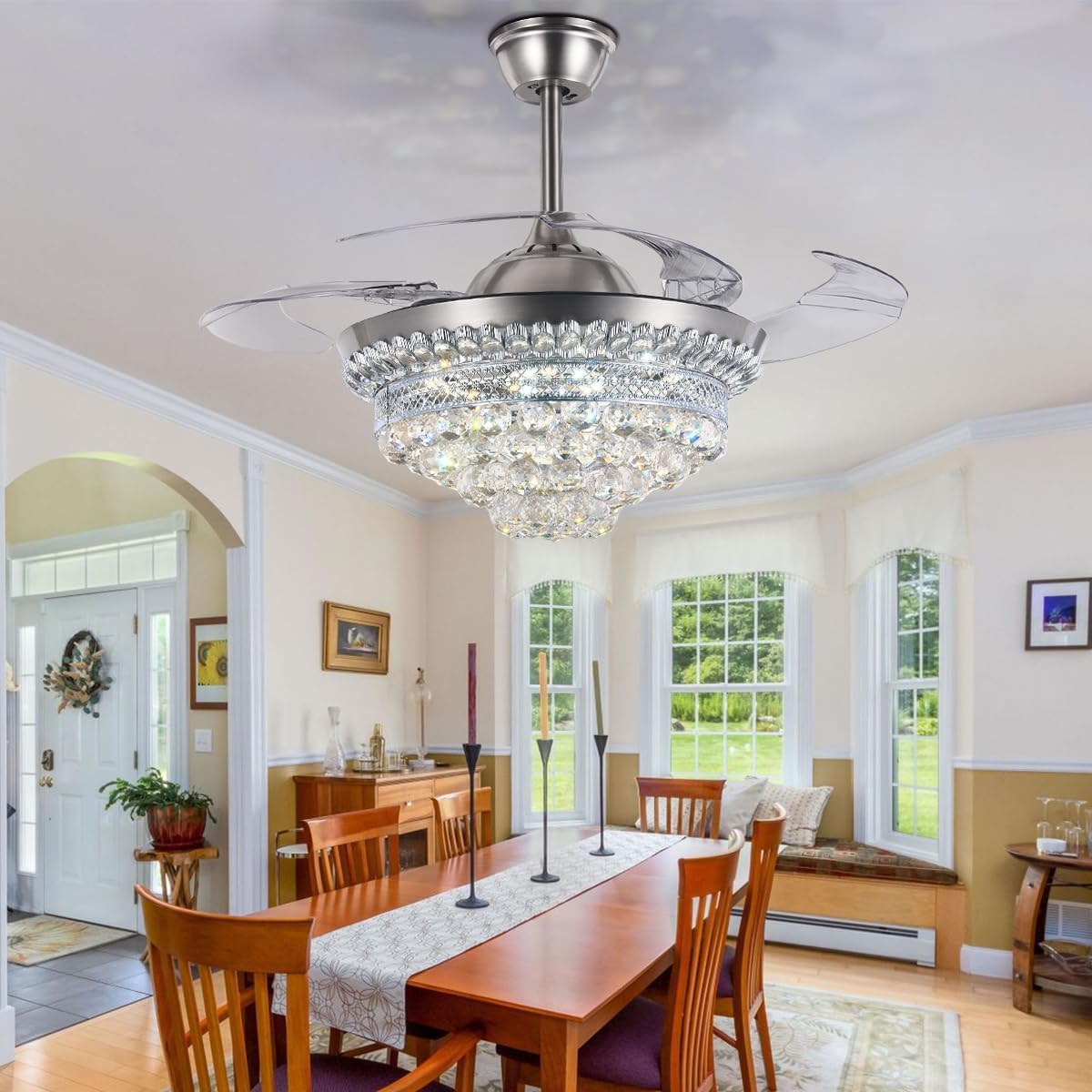 BIGBANBAN 42" Crystal Ceiling Fan with Light Remote Control, Silver Retractable Chandelier Fan 3 Colors LED Light 3 Speeds Modern Fandelier Chandelier for Living Room Bedroom
