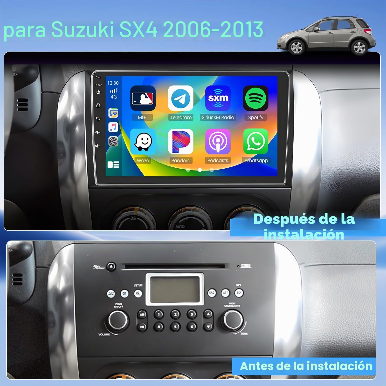 Roinvou 4+64G Radio Coche 2 DIN para Suzuki SX4 2006-2013 Fiat Sedici 2005-2014 Carplay Android Auto, Android15 Pantalla Radio Coche 9 Pulgadas con MirrorLink Bluetooth WiFi GPS 32EQ RDS/FM SWC Cámara