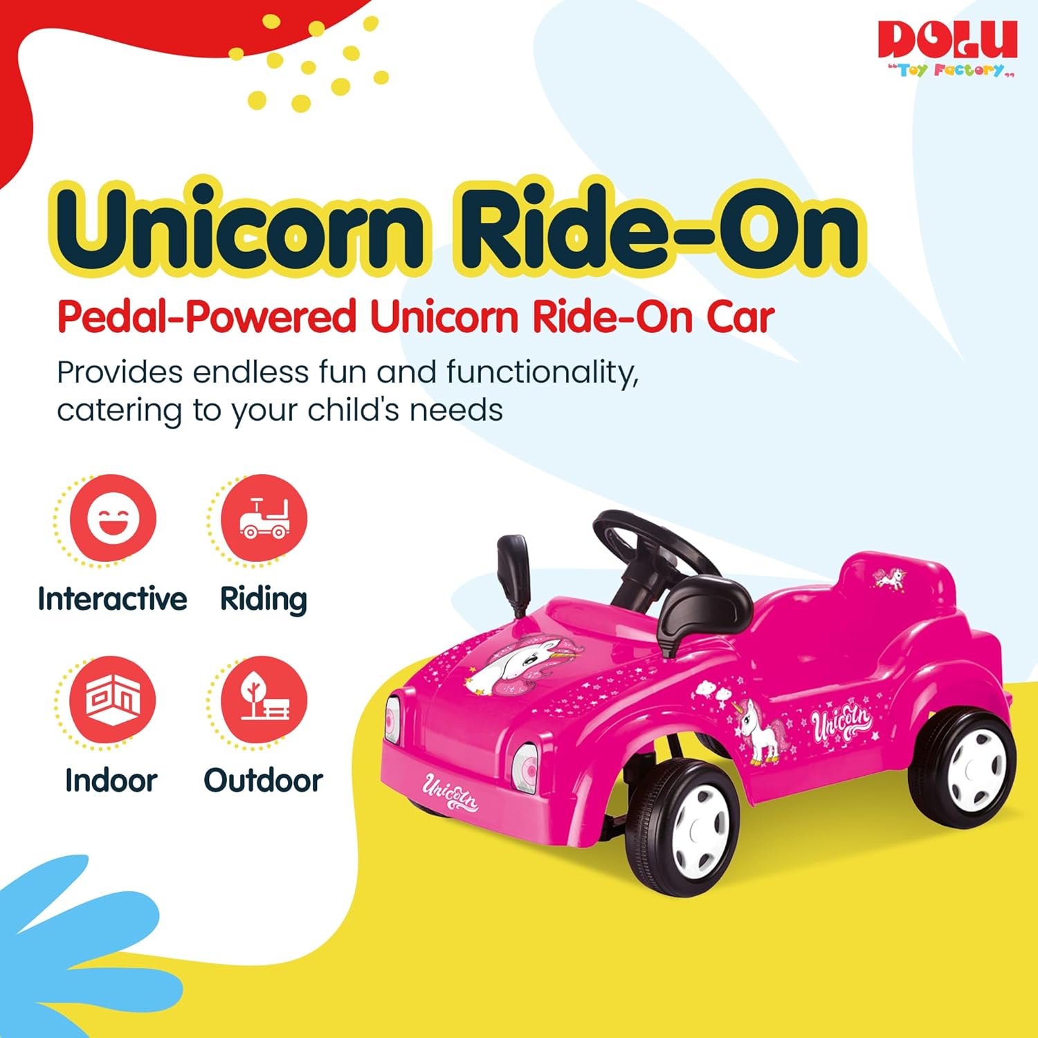 DOLU Pedal-Powered Unicorn Ride-On Car, Magical Kids Toy Vehicle with Built-in Horn, Indoor/Outdoor Riding Fun for Toddlers Ages 3+ Years