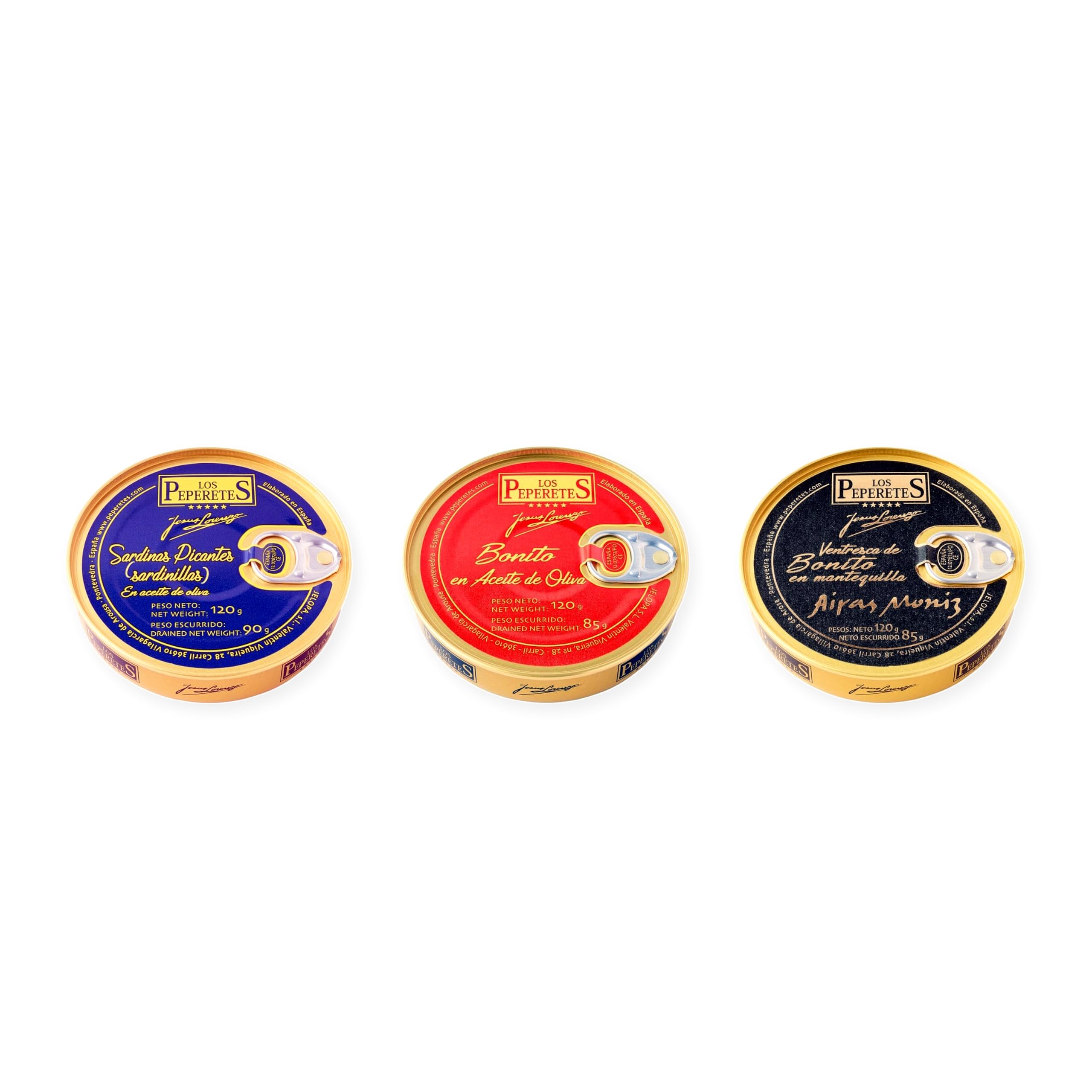 los peperetes conservas Sardinillas Picantes, Bonito Aceite Oliva y Ventresca Bonito Mantequilla pack 3 latas