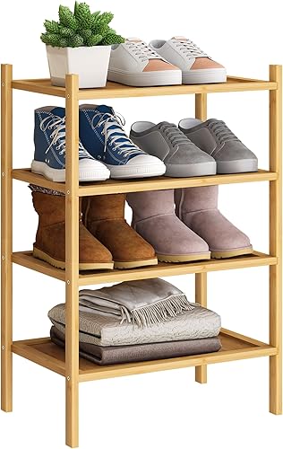 BMOSU Zapatero pequeño de bambú de 4 niveles de alta calidad, apilable, organizador de almacenamiento para pasillo, armario, sala de estar,