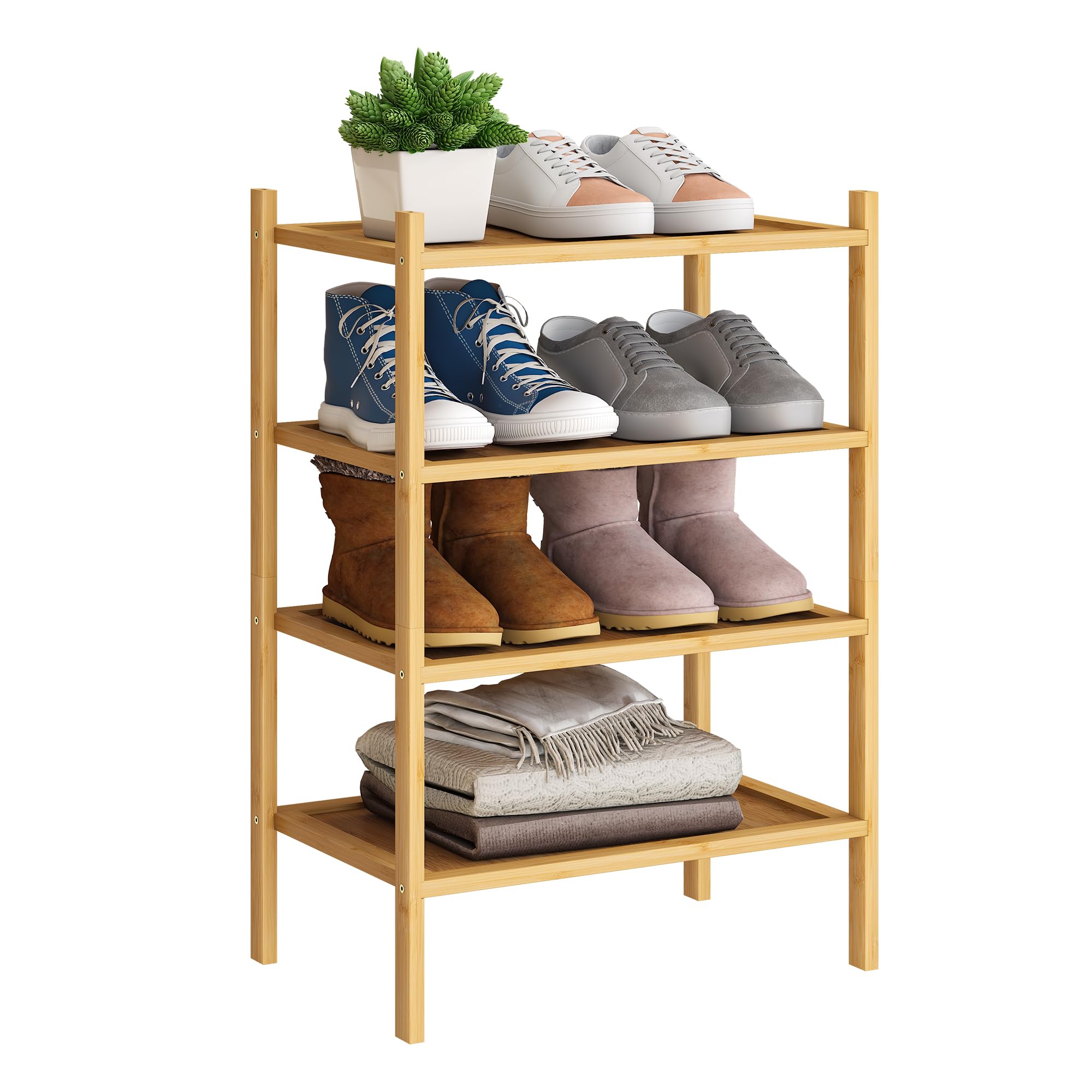 BMOSU 4-Tier Bamboo Small Shoe Rack Premium Stackable Shoe Shelf Storage Organizer for Hallway Closet Living Room Entryway Organizer(Natural)