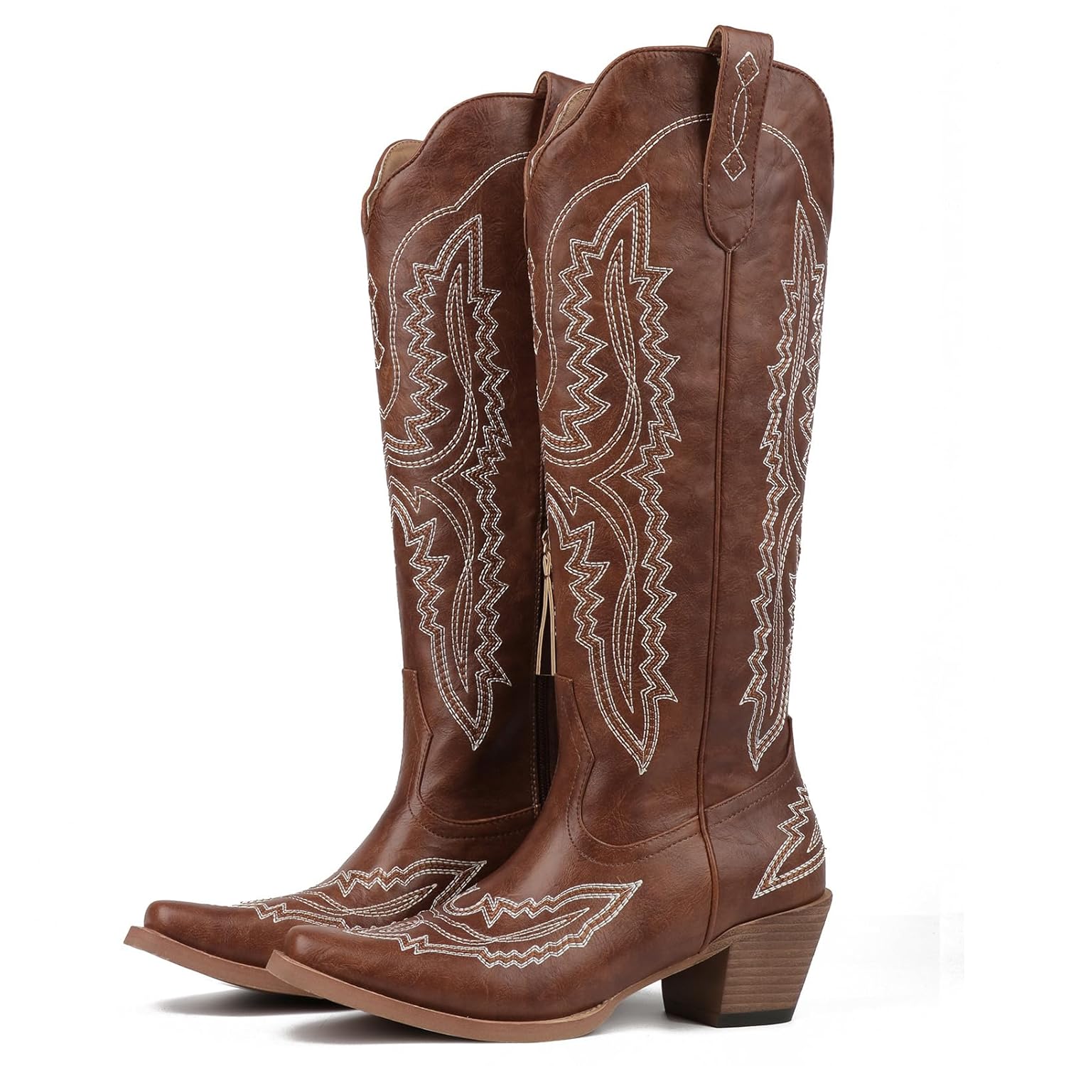 Meefit Cowboy Boots for Women Knee High Cowgirl Boots Pointed Toe Chunky Heel Western Boots Retro Country Boots