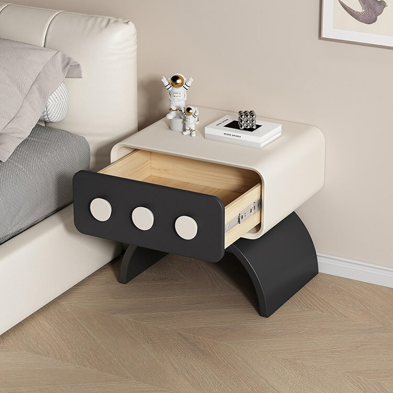 Bed Side Table Nightstand Curved Base One Drawer Three Circle Accents for Bedroom Storage Night Stand(Brown,Small)