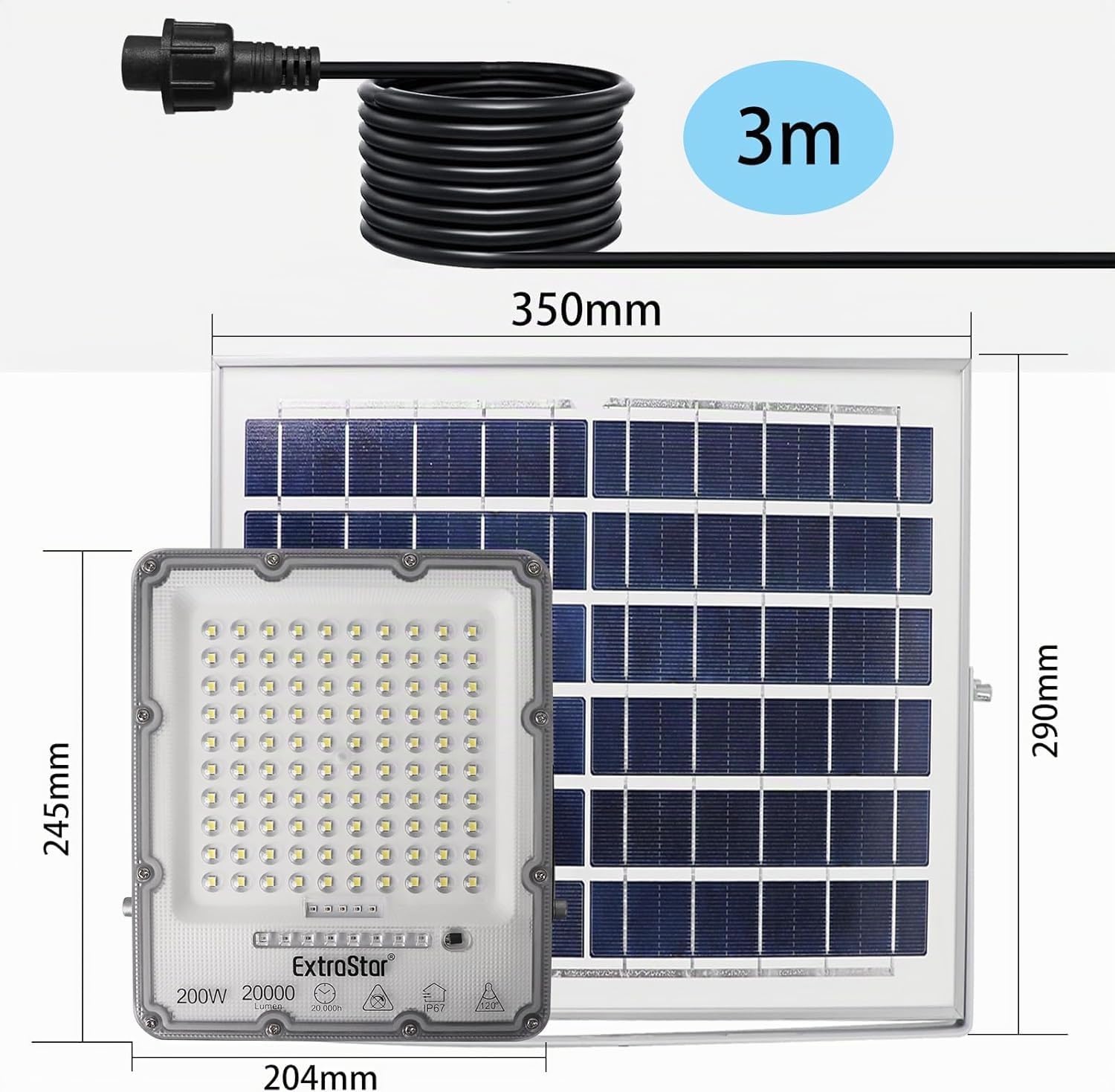 EXTRASTAR Projecteur LED solaire 200 W avec télécommande, lumière blanche froide 6 500 K, 20 000 lm, étanche IP67, adapté pour l'extérieur, jardin, cour