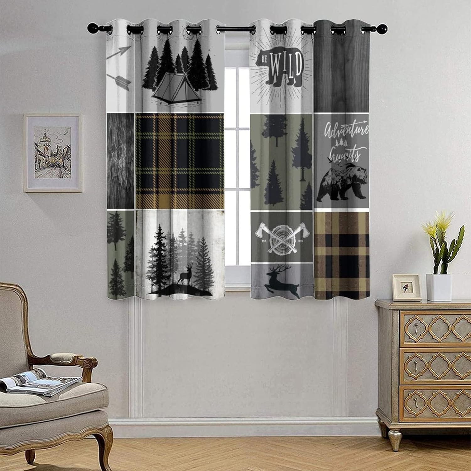 Rustic Cabin Bear Deer Ultra Soft Premier Blackout Curtains,Retro Country Hunting Theme Wildlife Plaid Check Adventure Thermal Insulated Noise Reducing Grommet Top,2 Panels 72L x 31.5W