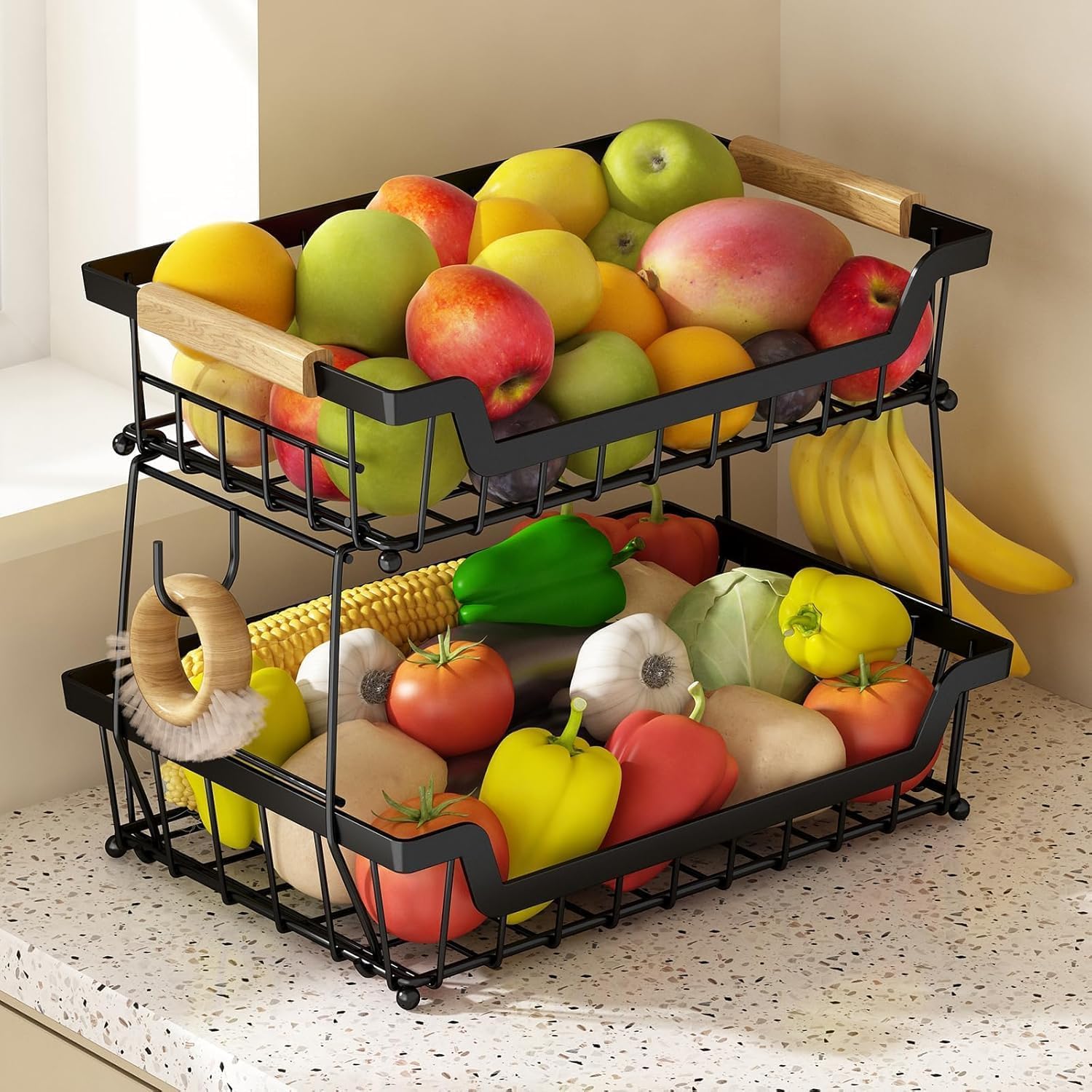 Fruteira de Mesa 2 Andares, Cesto de Frutas de Metal com Alça, Organizador Multifuncional de Frutas e Verduras, Fruteira de Cozinha para Armazenamento e Decoração de Casa