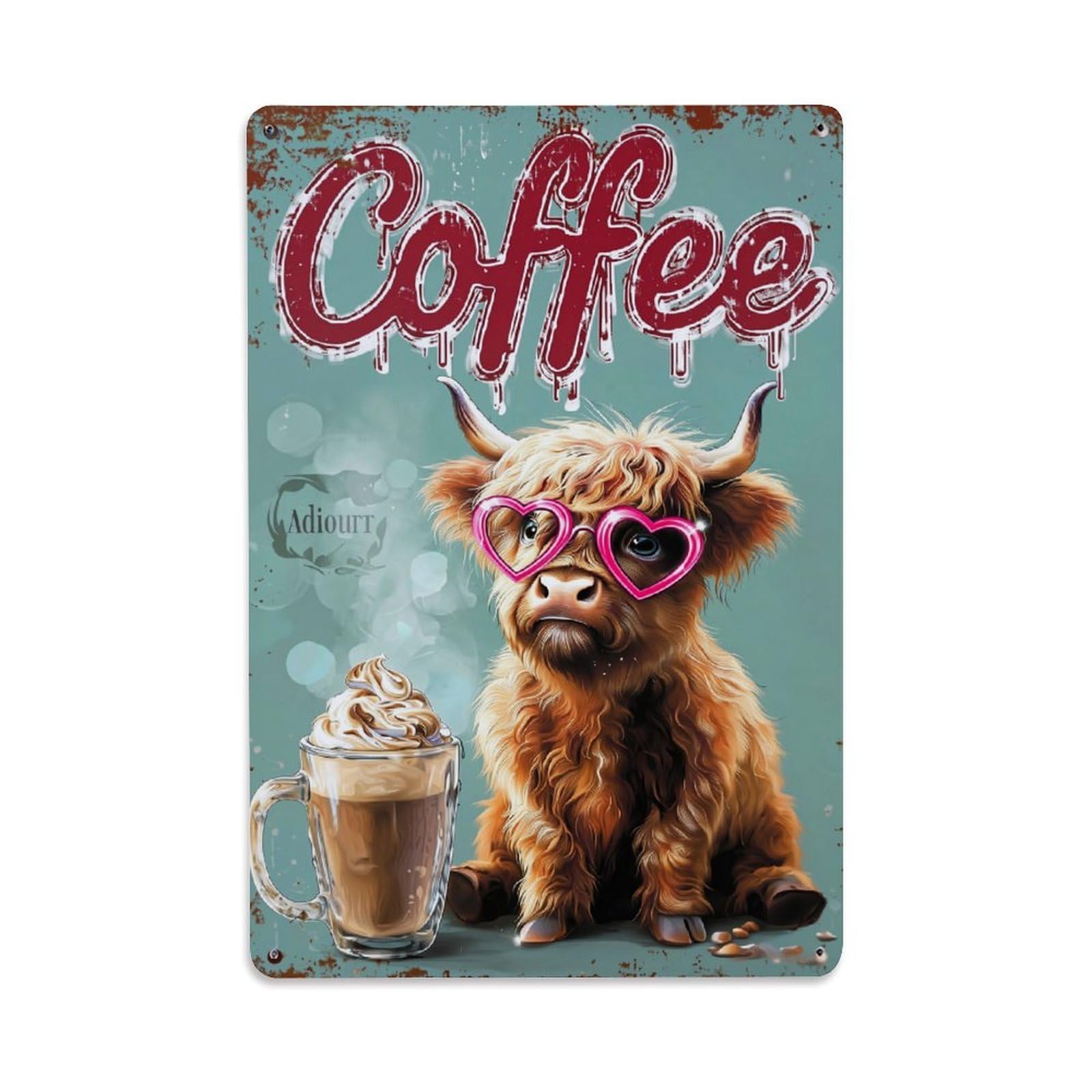 Coffee Cow Heart Glasses Drink Retro Metal Tin Sign, Vintage Decor Art Poster for Bar, Home, Man Cave, Kitchen, Laundry Room Gift 8x12Inch
