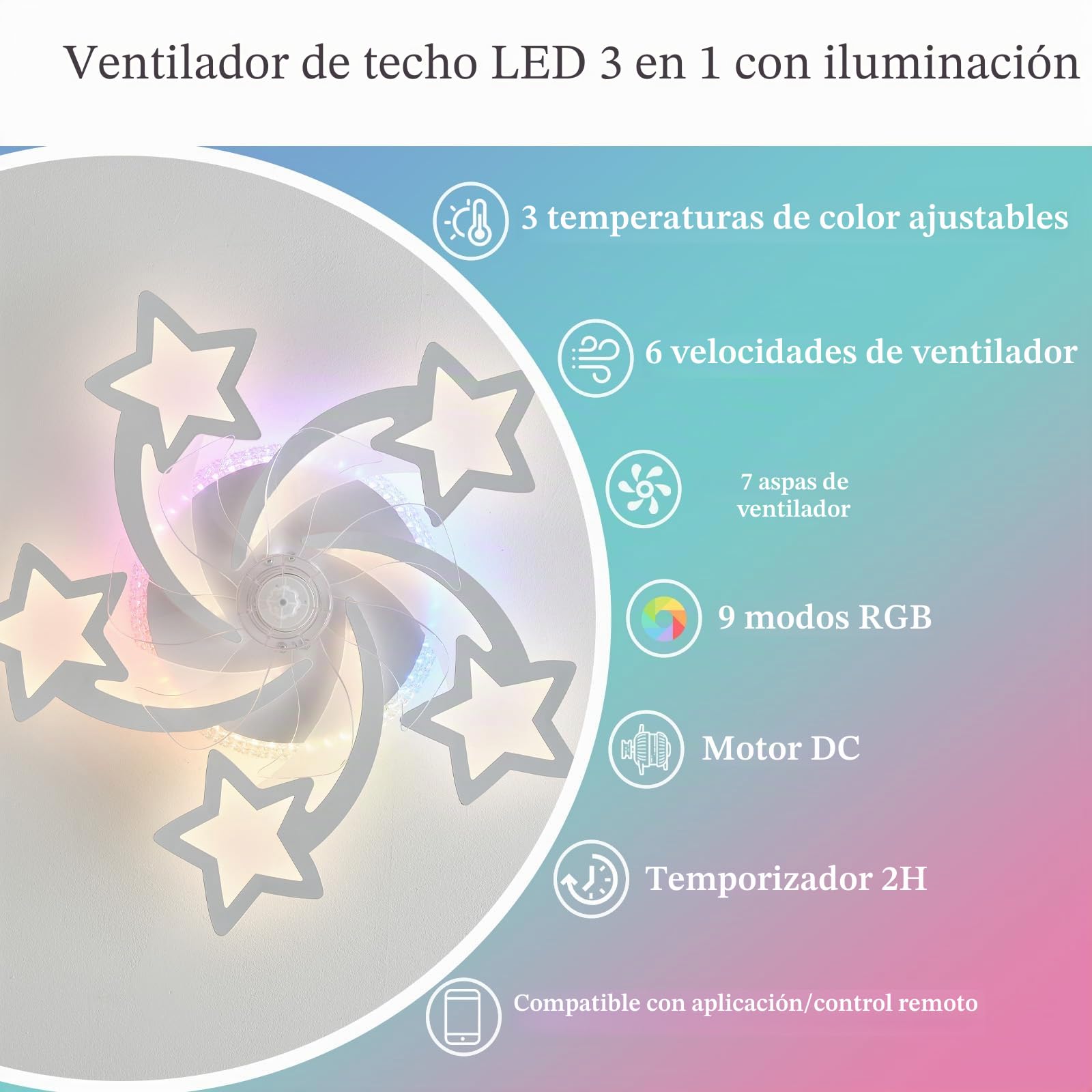 Moderno Estrella Blanca Ventilador De Techo Con Luz Y Mando A Distancia Dormitorio Niños RGB Plafon Led Ventilador Motor DC 6 Velocidades Reversible Silencioso Para Salon Habitación Infantil