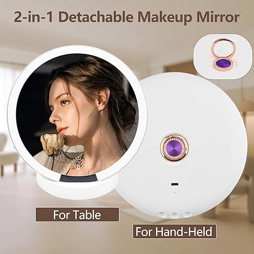 Miniatura 4 de SLIMOON Espejo de maquillaje de viaje 2 en 1 con luces, espejo de maquillaje iluminado de mano con base de espejo de aumento desmontable 10X, 3