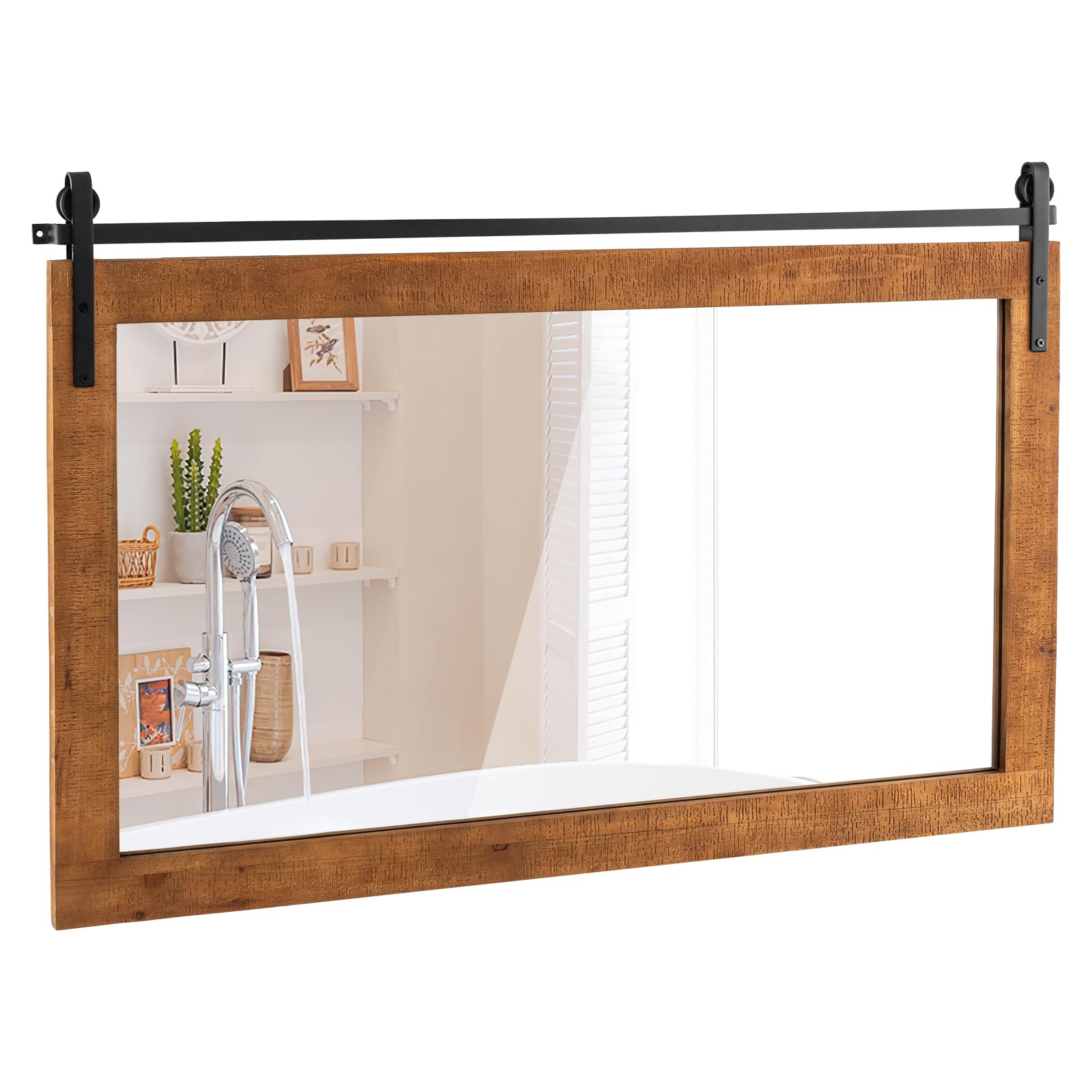 LIFEZEAL 100 X 66 CM Espejo de Pared Rústico, Rectangular Espejo de Pared con Marco de Madera Maciza, Soporte de Metal, Decoración Rústica para Sala de Estar, Entrada, Dormitorio, Baño (Amarillo)