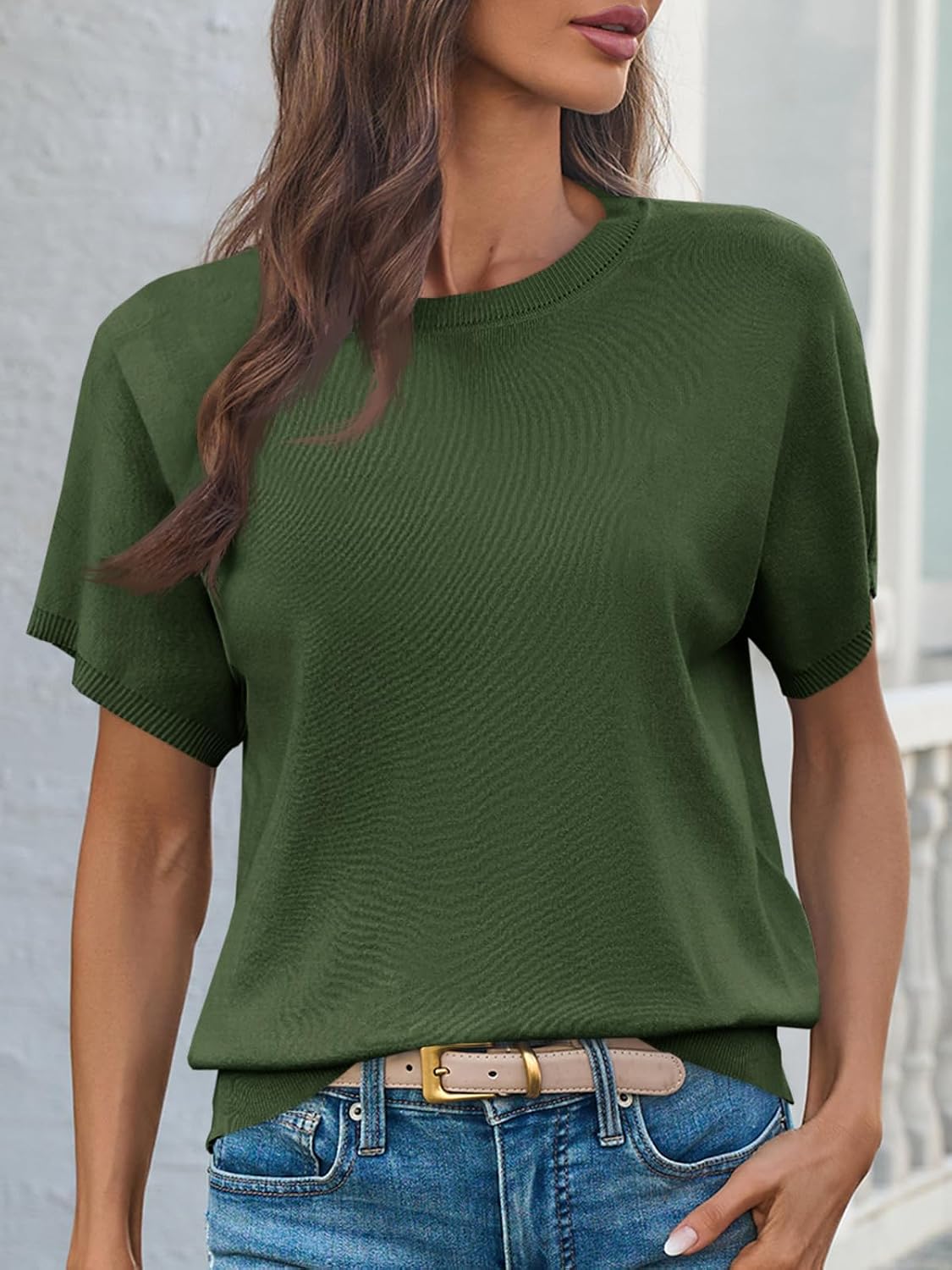 Saodimallsu Women's Short Sleeve Crew Neck Knit Pullover Sweater
