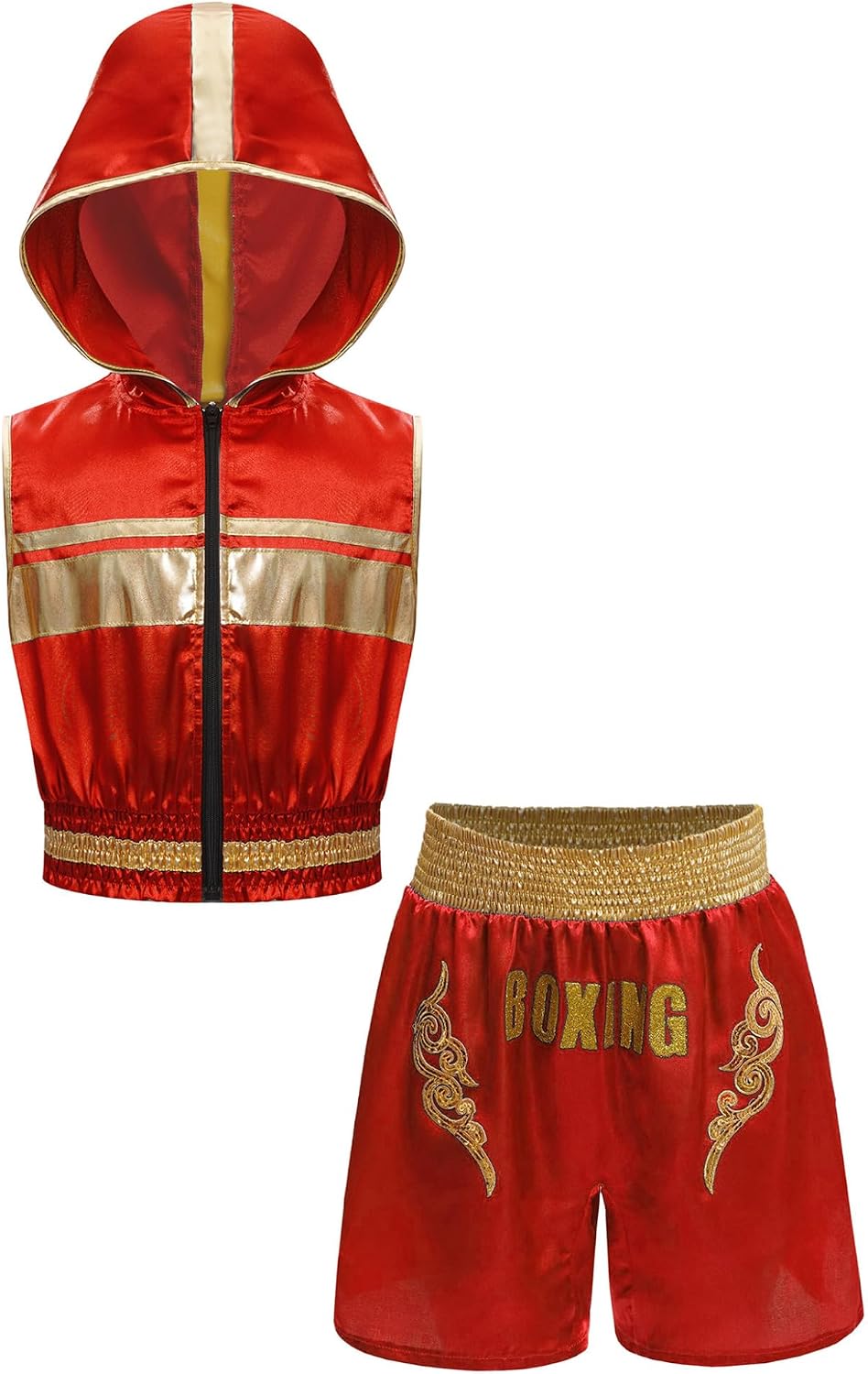 Kids Boys Halloween Boxing Outfit Sleeveless Metallic Trim Zipper Hoodies Tank Top with Shorts Set
