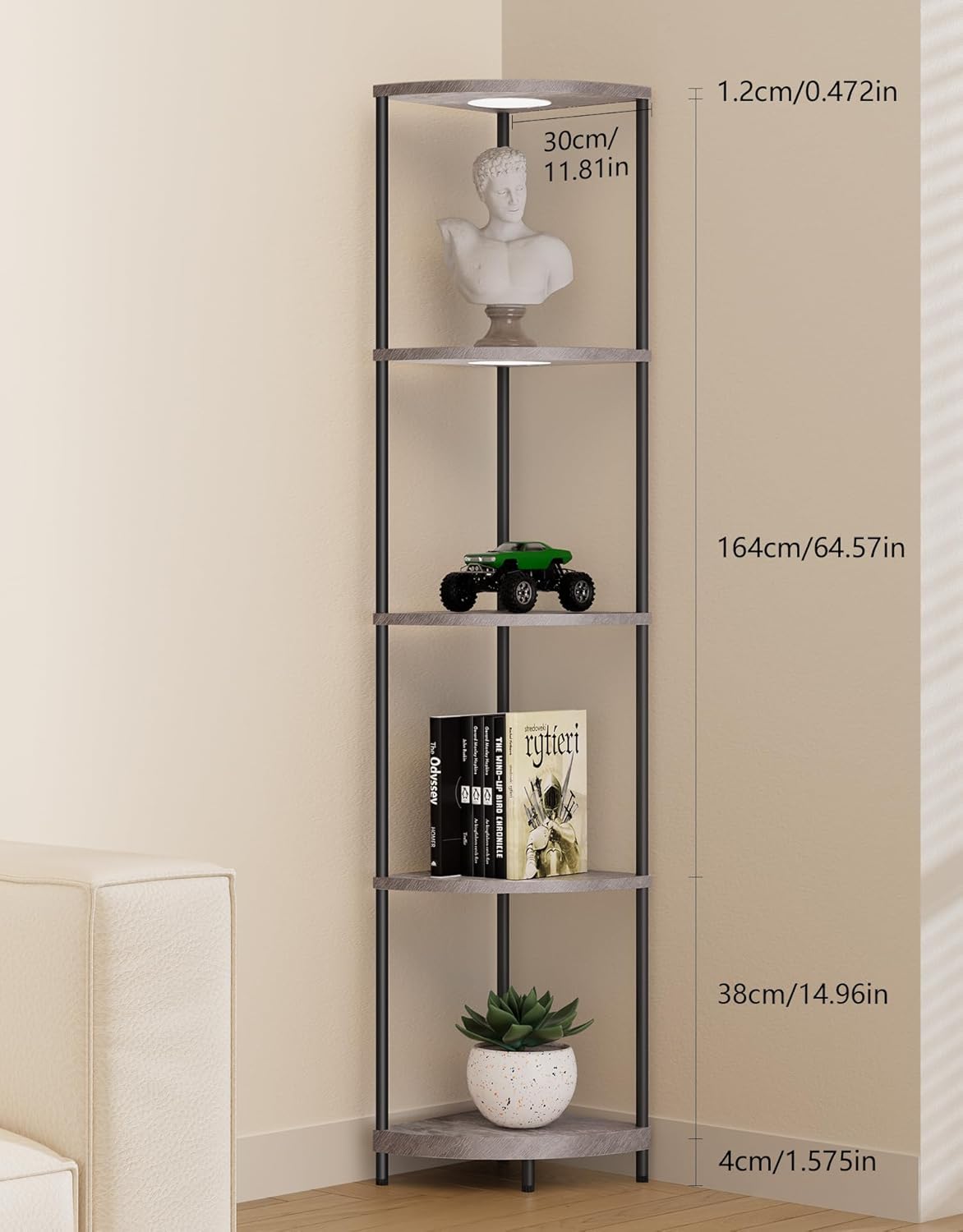 Corner Shelf with RGBCW LED Light, 64.5” Tall Floor Lamp Narrow Bookshelf Organizer, Standing Shelves with Metal Pole, Display Storage Rack for Wall Corner, Living Room, Bedroom, Office Décor, Grey