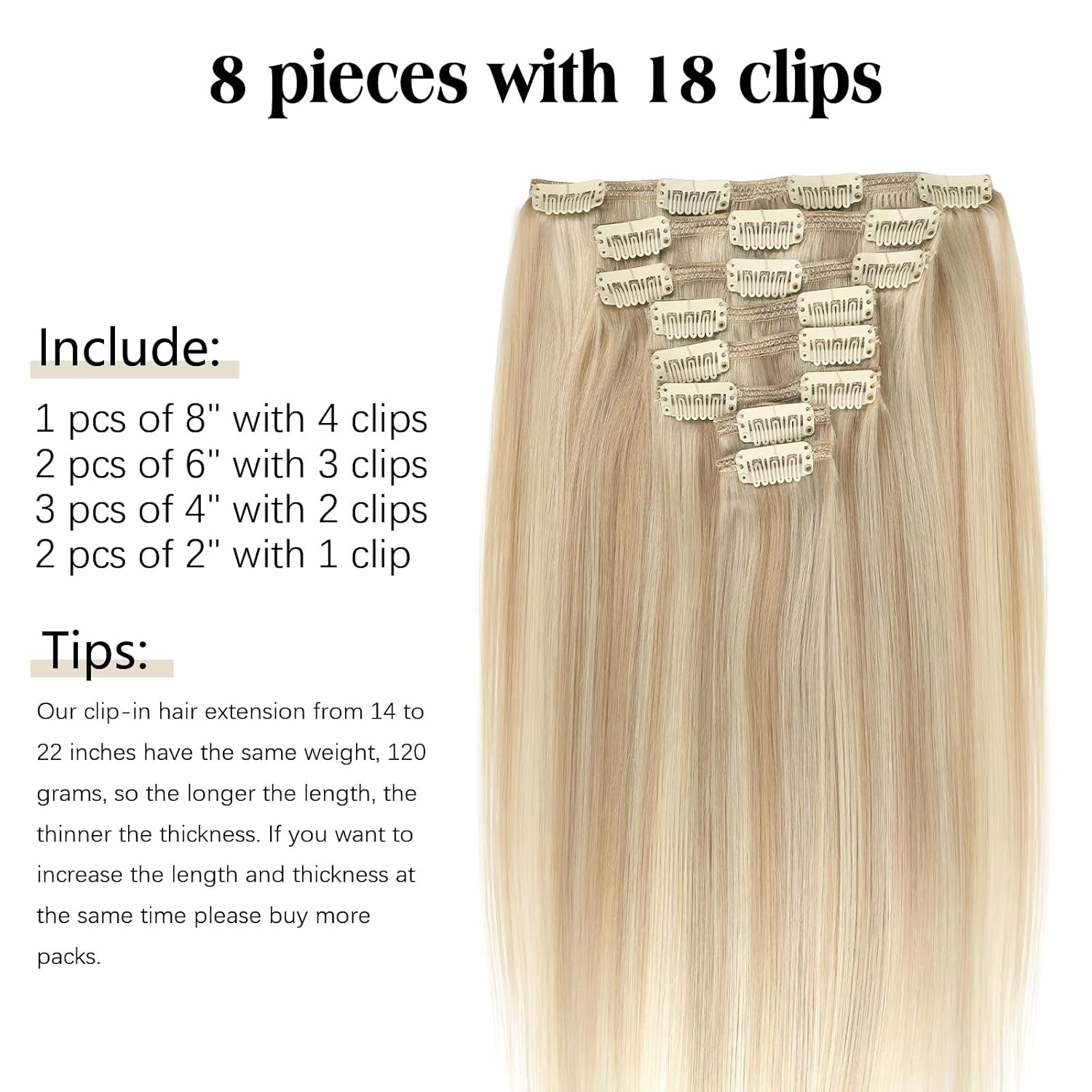 ABH AMAZINGBEAUTY HAIR Remy Hair Extensions Clip in Human Hair Dirty Blonde with Platinum Beach-Bleached Blonde P18-613 Clip in Hair Extensions Human Hair 14 Inch 8pcs/120g Straight Hair