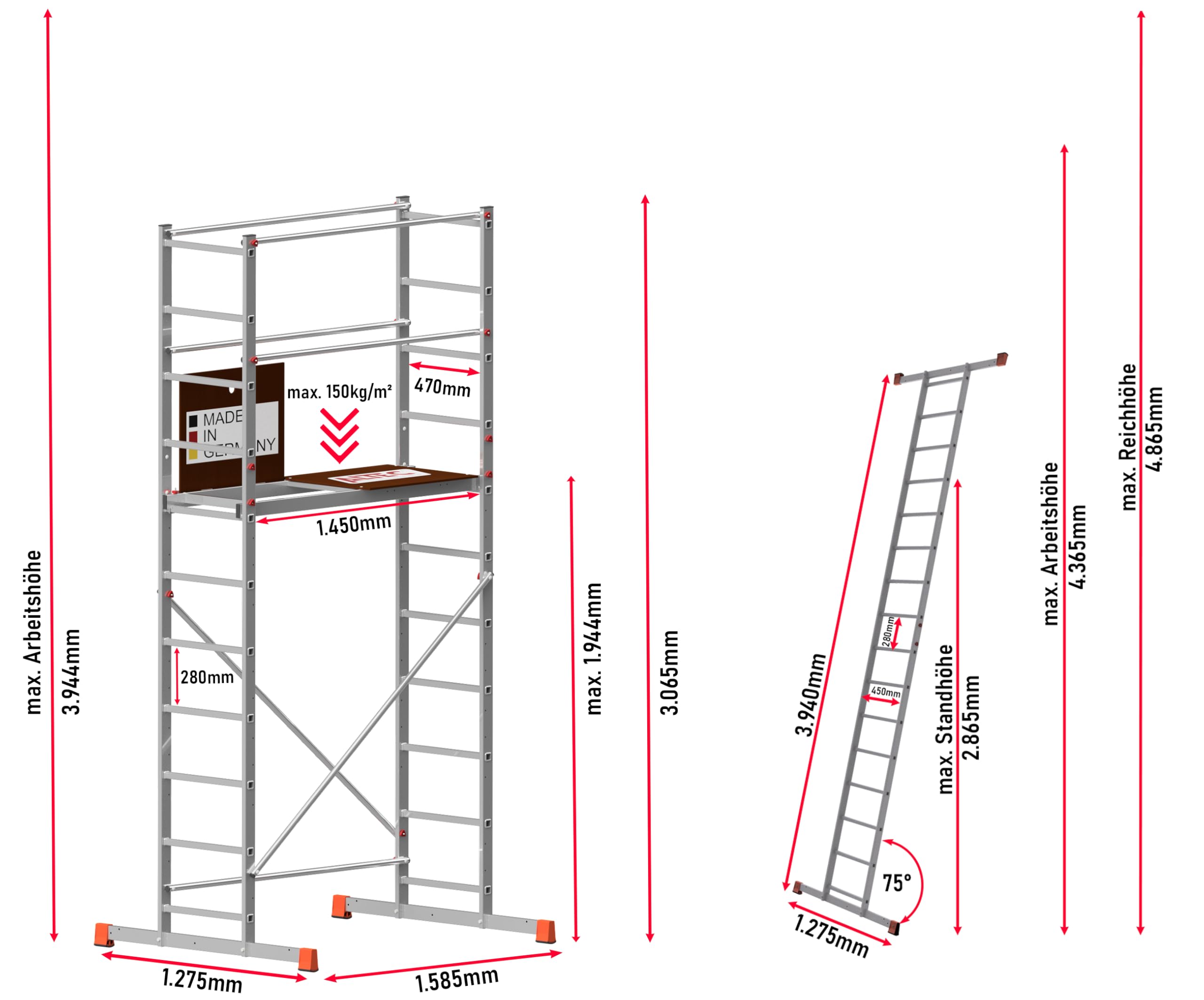 ALTEC AluCombine 4.0 - Échafaudage mobile aluminium avec 4 roulettes freinables et stabilisateurs - Échafaudage roulant à marches, montage simple (4 m)