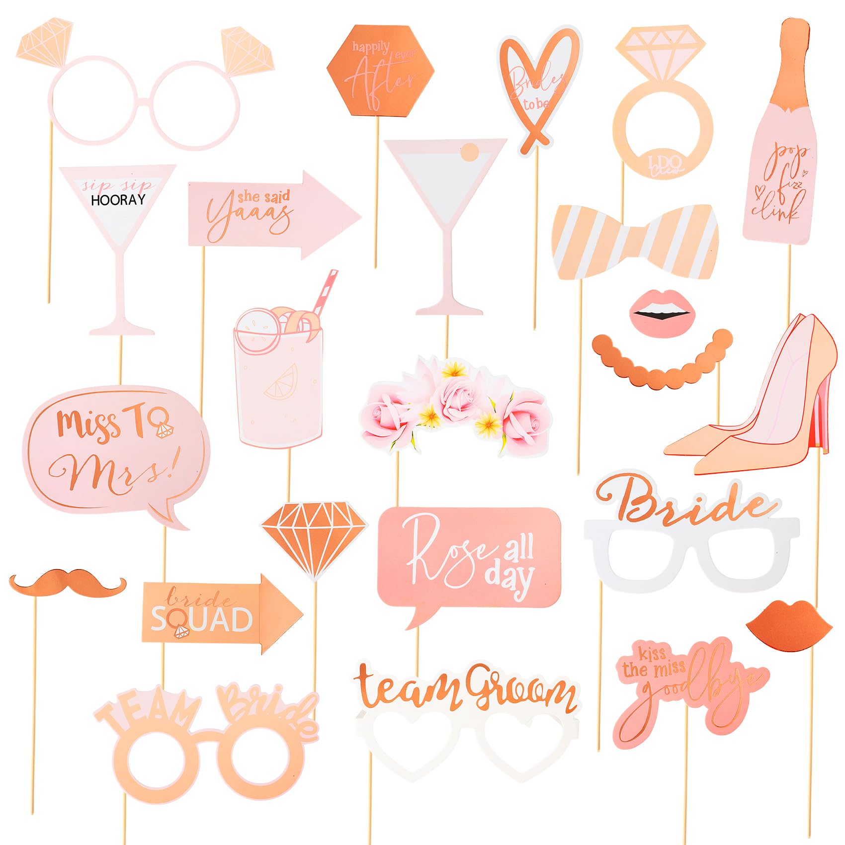 25PCs Rose Gold Wedding Photo Booth Props Set,Selfie Signs Wedding Party Supplies Decorations,Team Bride Selfie Props,for Bachelorette Hen Do Bridal Shower