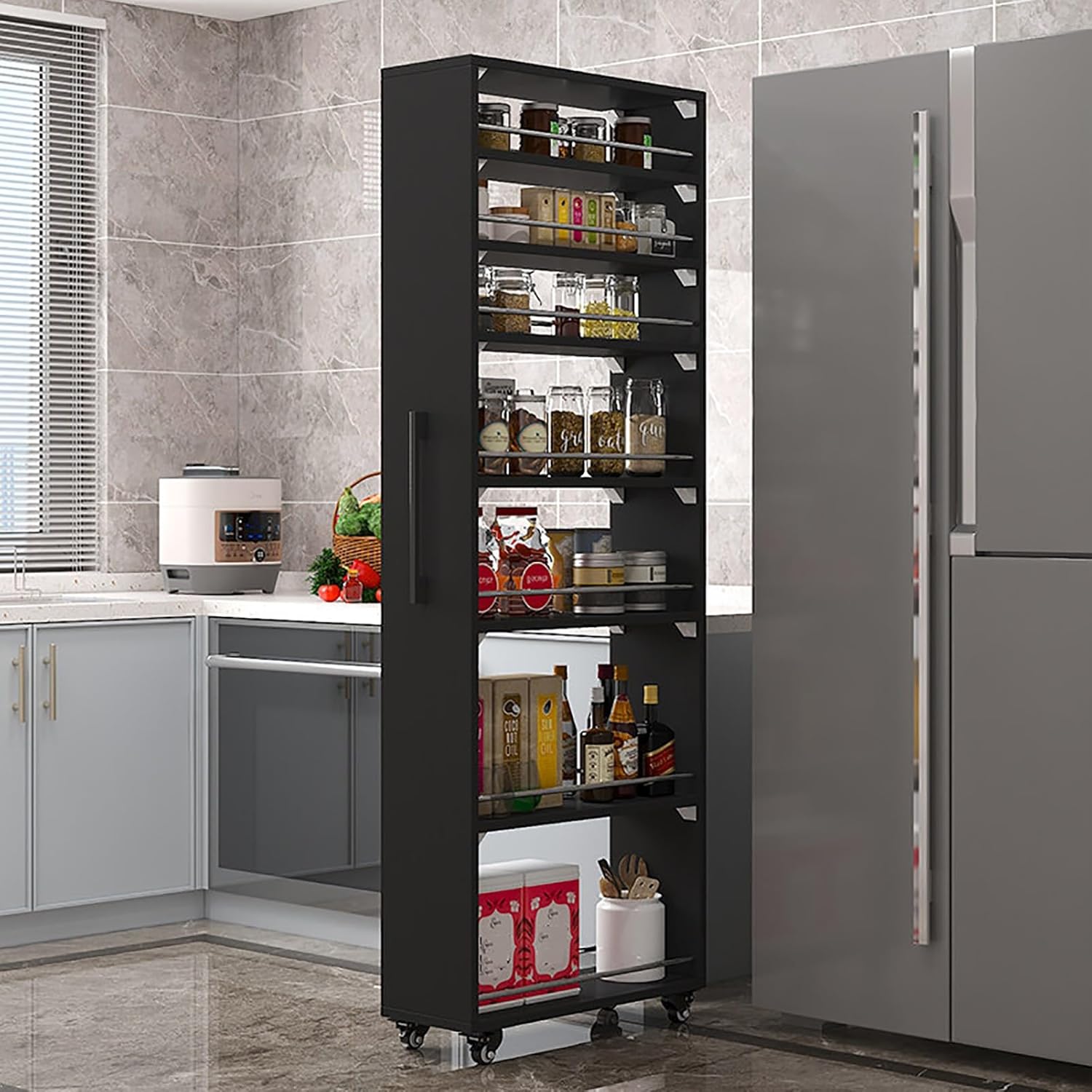 7-Tier Slim Storage Cart with Metal Handle, 5.9''/7.8''/9.85.9'' Wide Narrow Rolling Utility Cart, Mobile Shelving Unit Organizer for Kitchen Laundry Room(Teak,9.8x21.6x72.4in)
