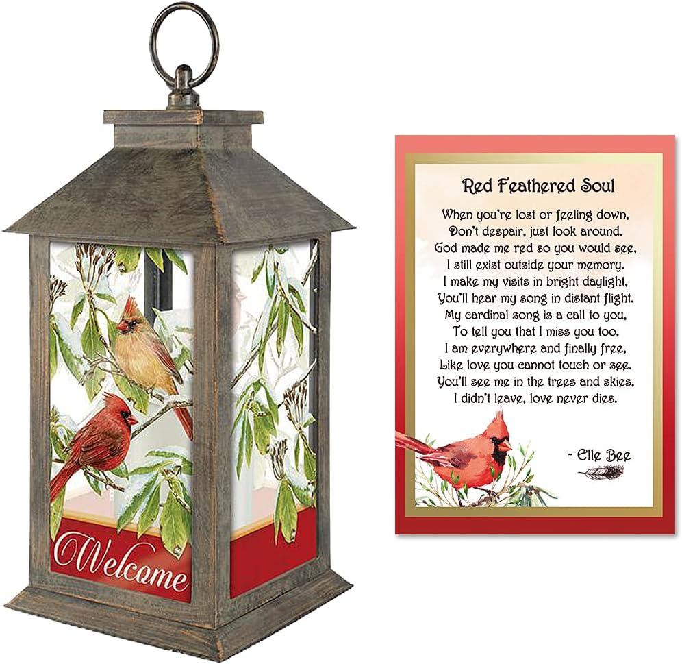 Lola Bella Gifts and Carson Gifts Cardinal Welcome Memorial Decorative Lantern with Red Feathered Soul Poem Grief Sympathy Gift with Box