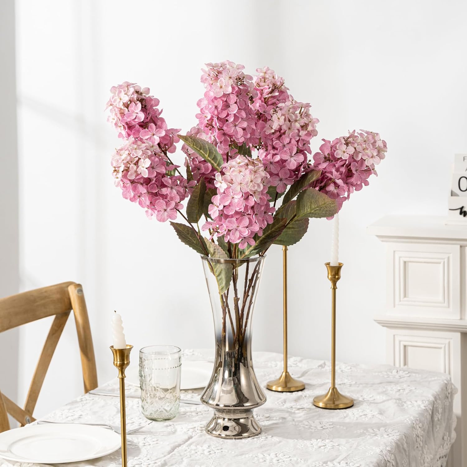 Hydrangea Artificial Flowers ,Fall Hydrangeas Artificial Flowers, Fake Fall Dried Hydrangea Decoration,Faux Silk Flower With Stems Winter Decor Indoor and outdoor(Pink 24"8pcs) Without Vase - Image 4