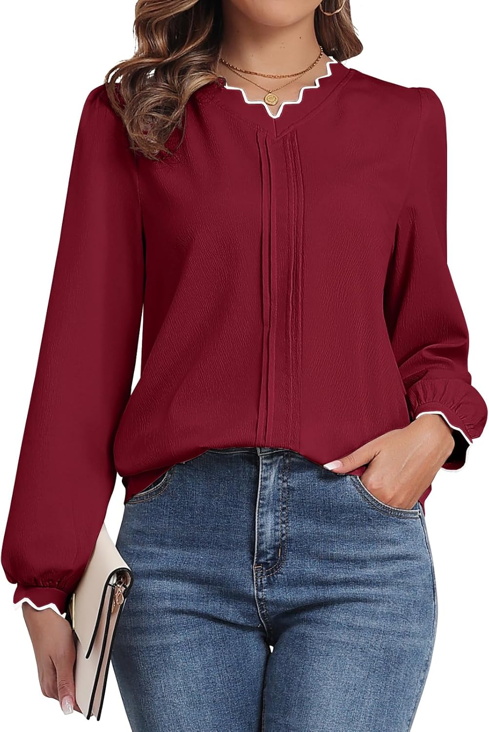 ZAFUL 2025 Womens Cute Tops Dressy Casual Scalloped V Neck Work Shirts Puff Long Sleeve Textured Blouses