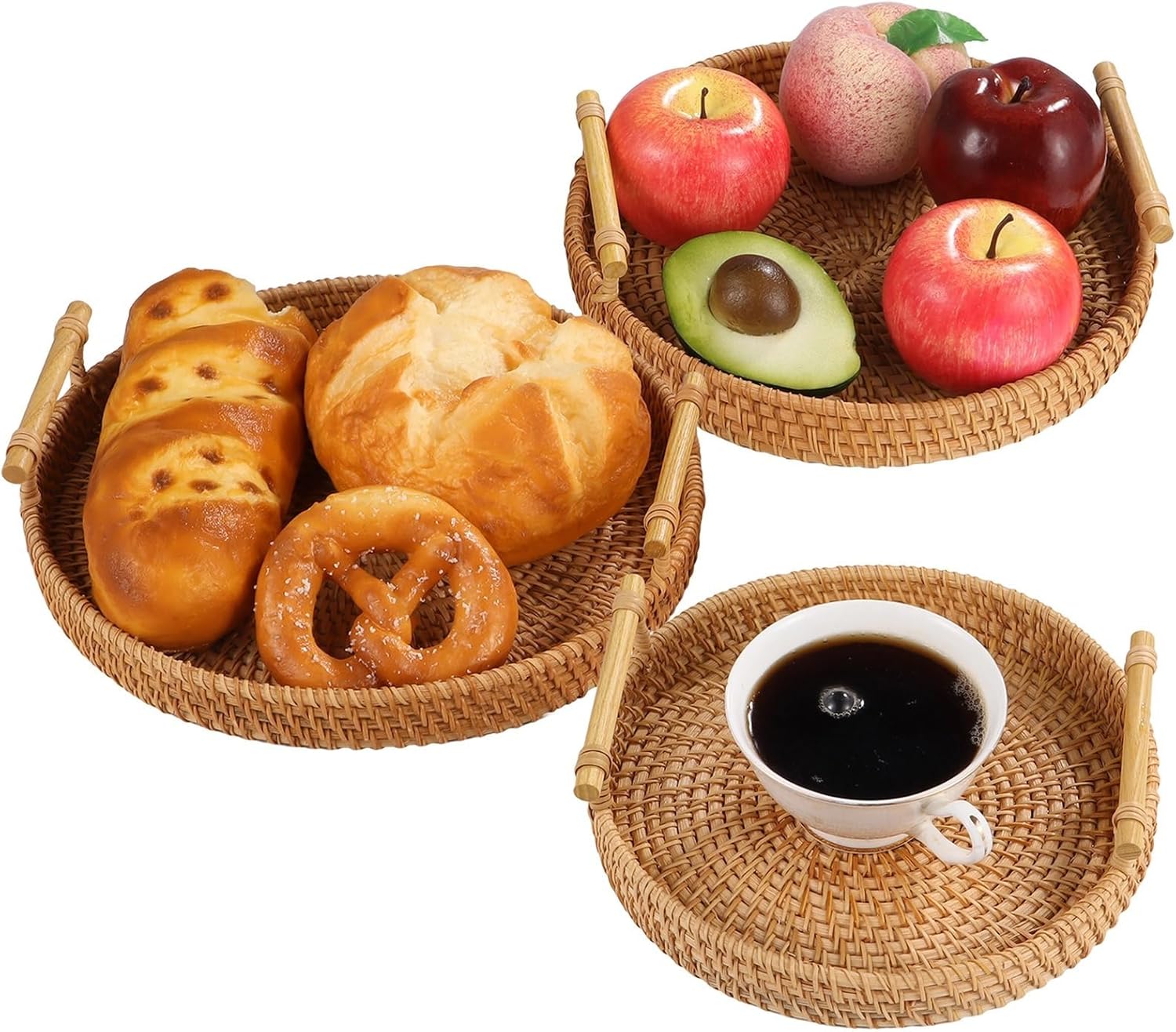 Set of 3 Handwoven Rattan Serving Trays, Round Wicker Baskets with Handles for Bread, Snacks, Fruit, Coffee