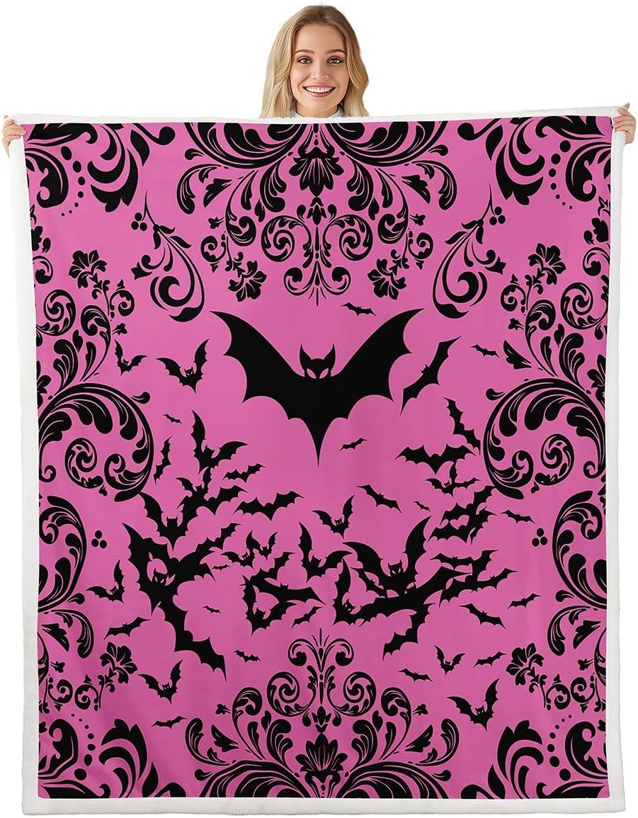 Erosebridal Girls Halloween Bats Fleece Bed Blanket Queen 90"X90" Hot Pink and Black Gothic Throw Blanket for Kids Teen Girl Damask Floral Goth Sherpa Blanket Halloween Flower Animal Flannel Blanket