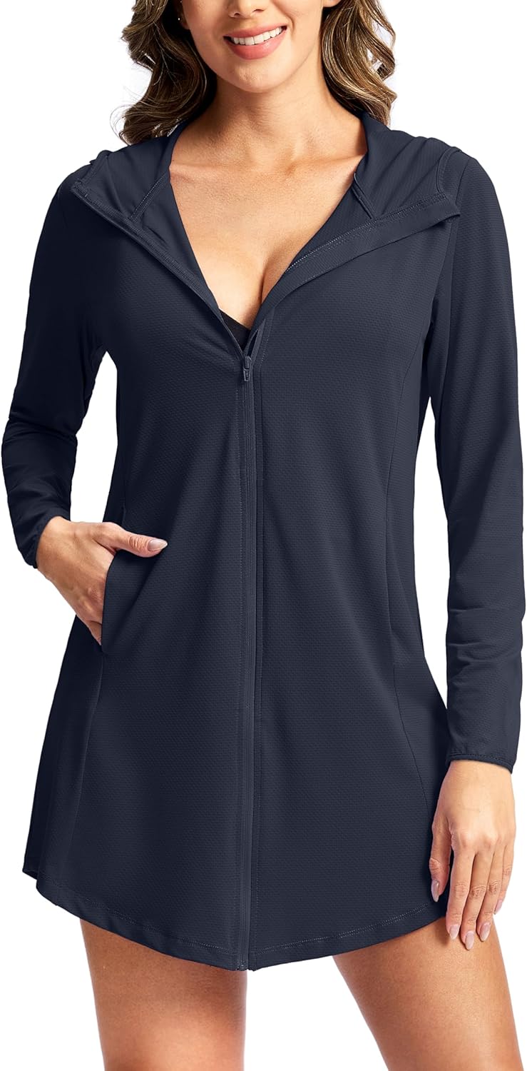 SANTINY Women's UPF50+ Swim Cover Up Sun Protection Hoodie Long UV Jacket SPF Lightweight Swimsuit Beach Cover Ups for Women