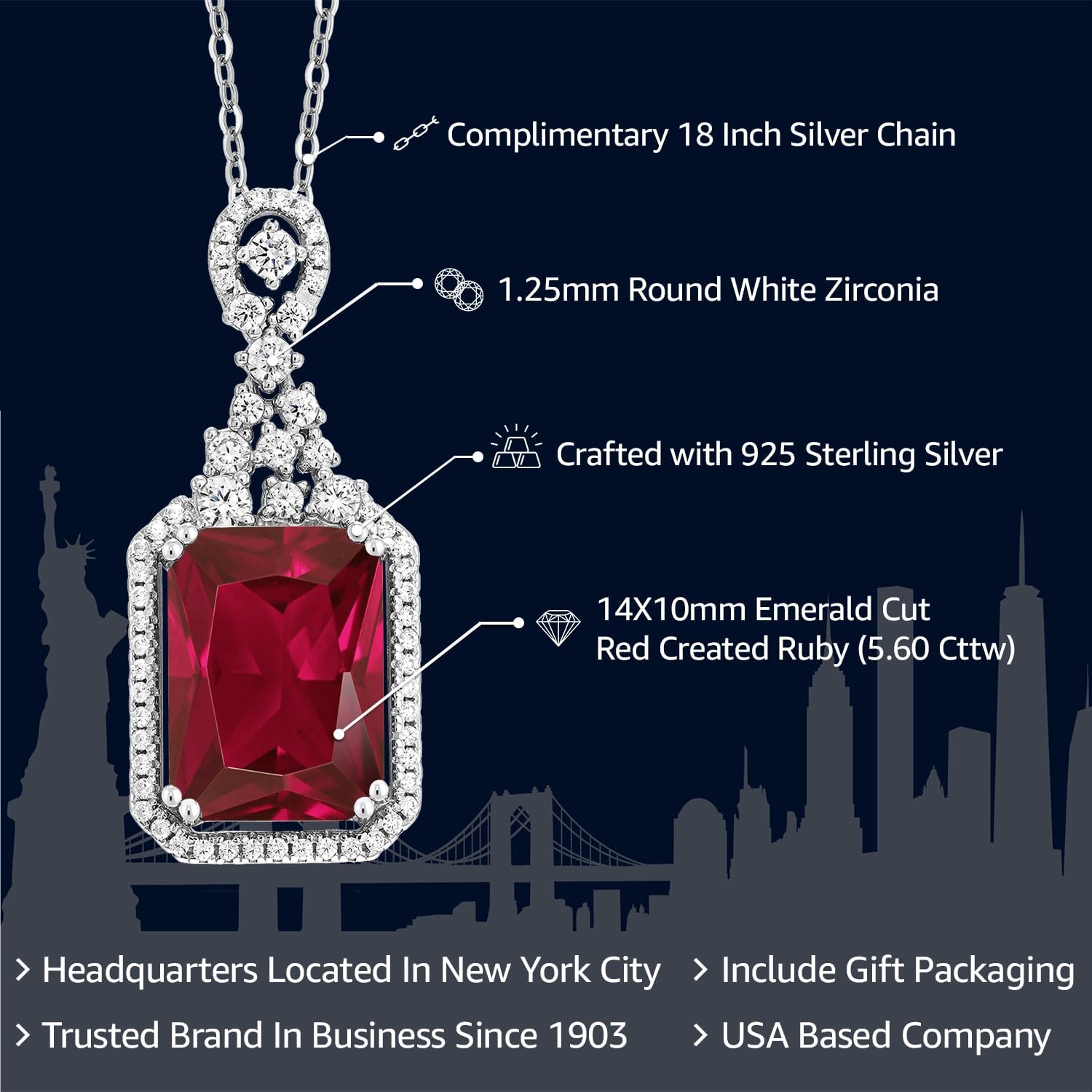Gem Stone King 5.60 Cttw Red Created Ruby Pendant Necklace For Women | 925 Sterling Silver | Emerald Cut 14X10MM | With 18 Inch Silver Chain - Image 2